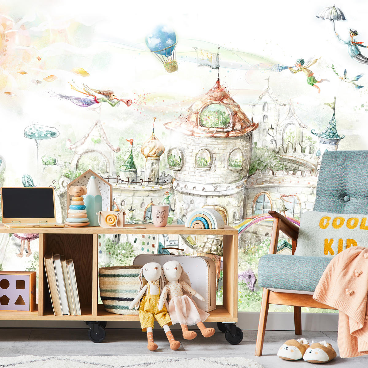 FOTOTAPETE für Kinderzimmer Märchenstadt Schloss Magisch 350x256 - Blau/Gelb, Papier (350/256cm) - Muralo