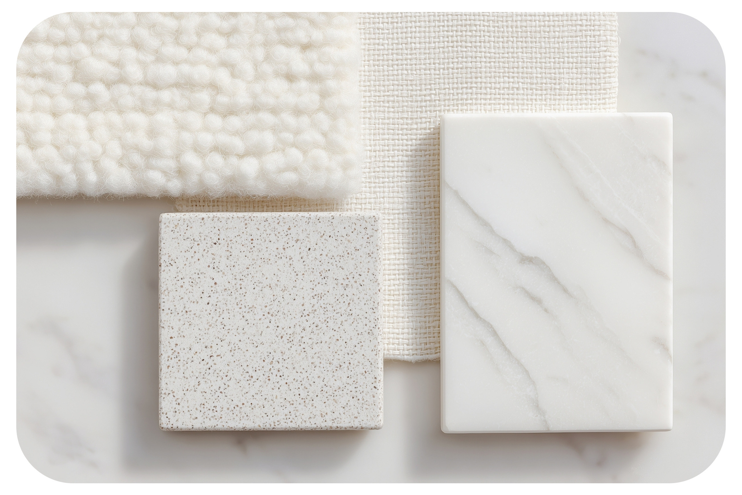 Kombinace materiálů – bílé mramorové povrchy, bílé dlaždice a bílé koberce