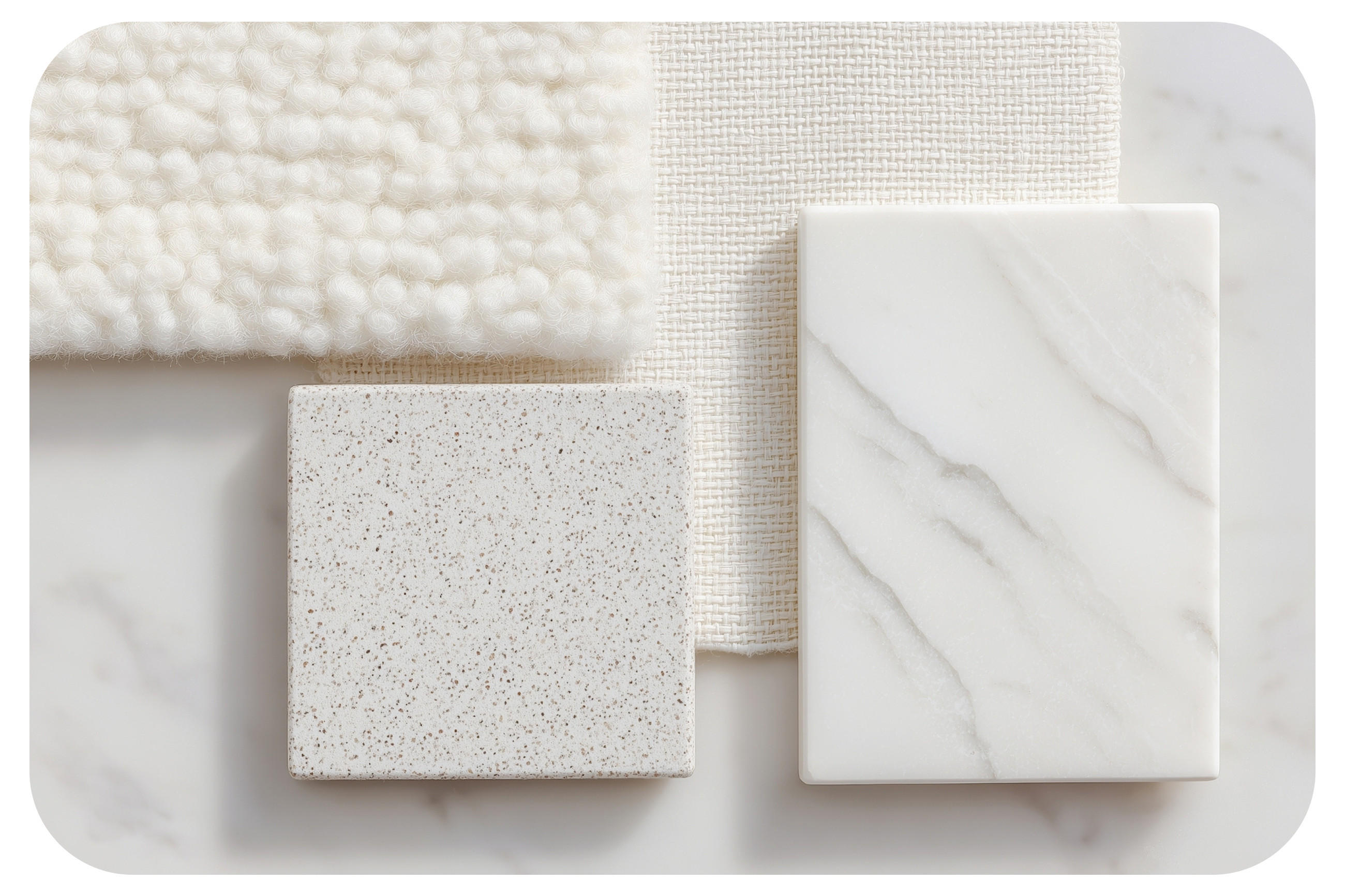 Kombinácia materiálov – biele mramorové povrchy, biele dlaždice a biele koberce