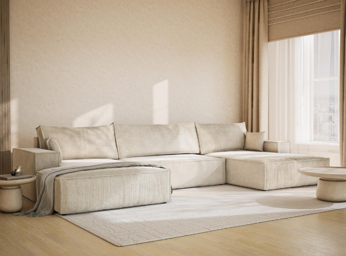 WOHNLANDSCHAFT Kyoto Beige grau Chenille-Stoff - Greige/Schwarz, Holz/Holzwerkstoff (398/70/148cm) - Maison de Reve