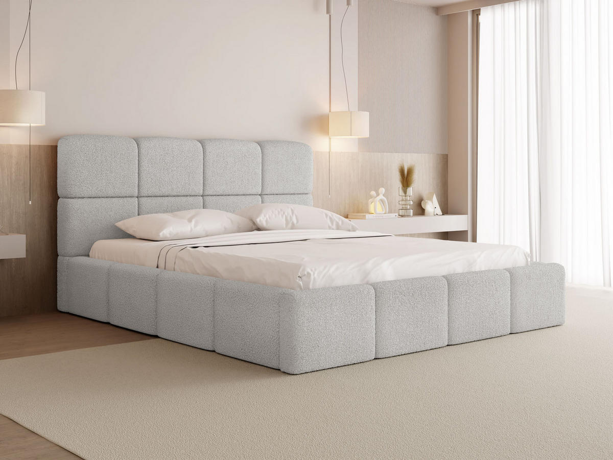 POLSTERBETT Tivio mit Bettkasten, Grau Boucle 200x200 cm - Birkefarben/Hellgrau, Holz/Holzwerkstoff (200/200cm) - WFL GROUP