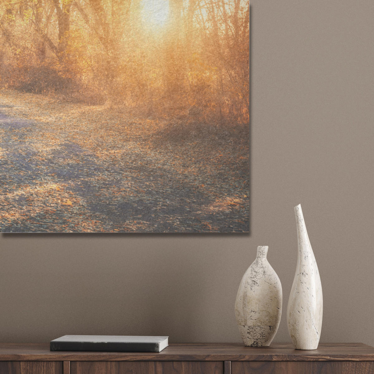 AKUSTIKPANEEL Wald - Herbst - Bäume - Waldweg - Natur 100x70 cm - Bernsteinfarben, Textil (100/0.9/70cm) - MuchoWow