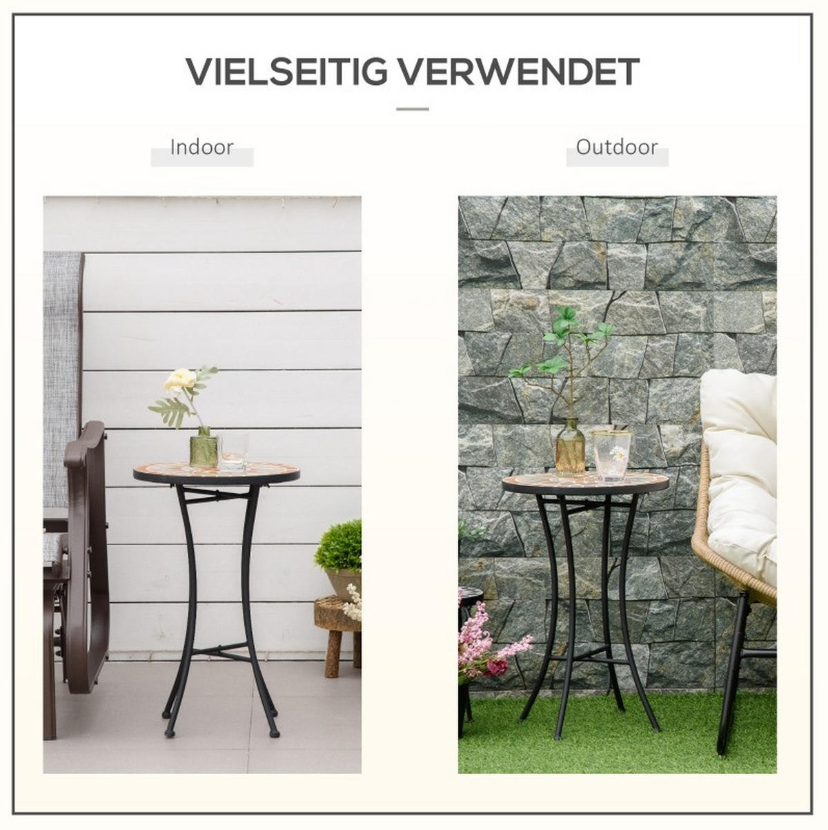 GARTENTISCH 35,5/35,5/53,5 cm als Beistelltisch mit Mosaikplatte und wetterfestem Metallgestell, Schwarz - Naturfarben, Metall (35.5/35.5/53.5cm) - Redom
