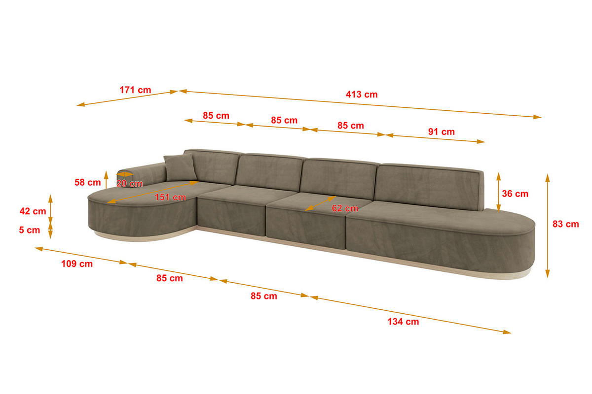 ECKSOFA Ottomane Links MARI-L3-v1 - 413x171x83 cm Dunkelbraun Velours - Dunkelbraun, Holzwerkstoff/Textil (413/171cm) - ALTDECOR