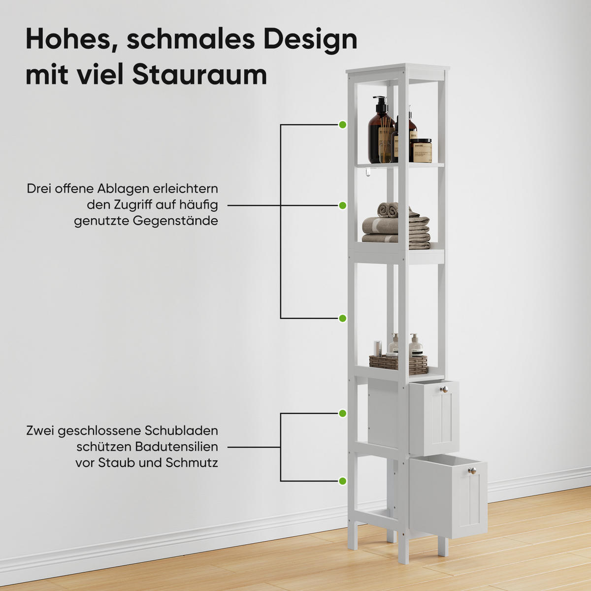 HOCHSCHRANK mit 2 Schubladen und 3 offenen Fächern, 20/30/160 cm, Weiß - Weiß, Holzwerkstoff (20/160/30cm) - Redom
