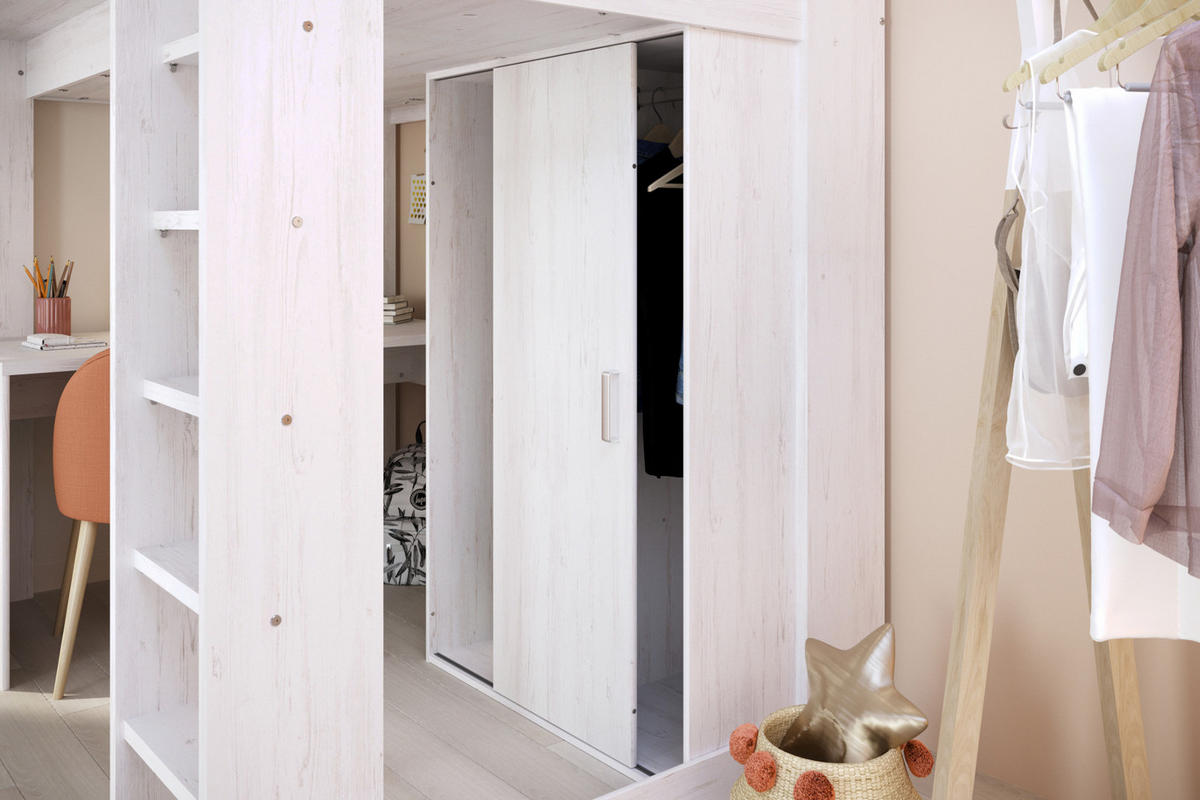 HOCHBETT mit Kleiderschrank und Schreibtisch Bett 90 x 200 cm - Weiß/Kieferfarben, Holzwerkstoff/Kunststoff (90/200cm) - Parisot Meuble