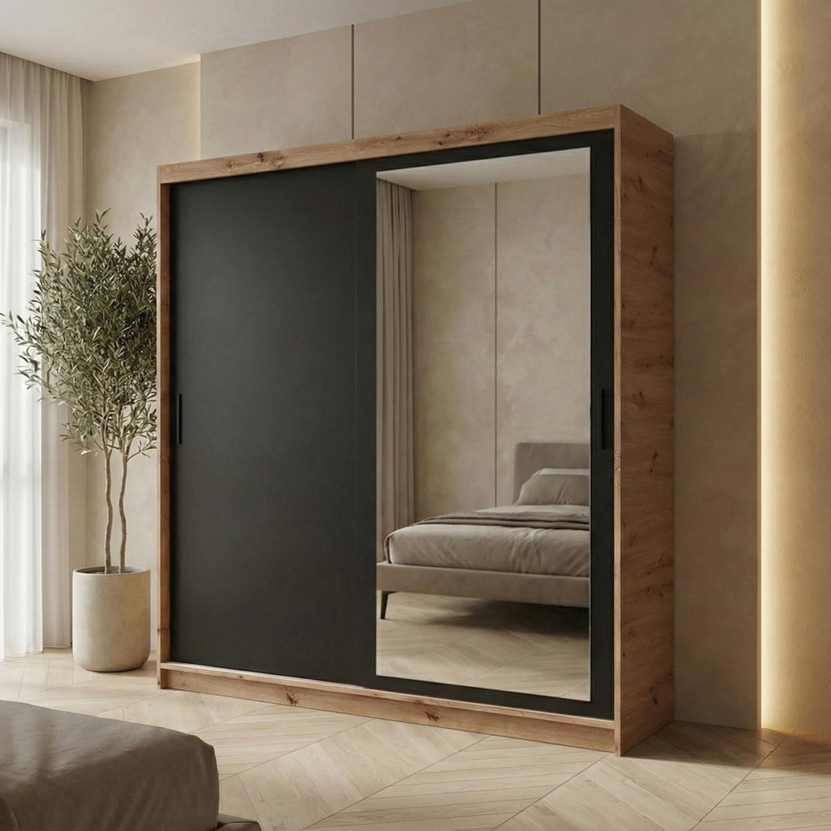 SCHWEBETÜRENSCHRANK Hela 180/205/60 2-türig eiche Artisan/schwarz mit Schubladen - Schwarz/Eiche Artisan, Holzwerkstoff (180/205/60cm) - Beautysofa