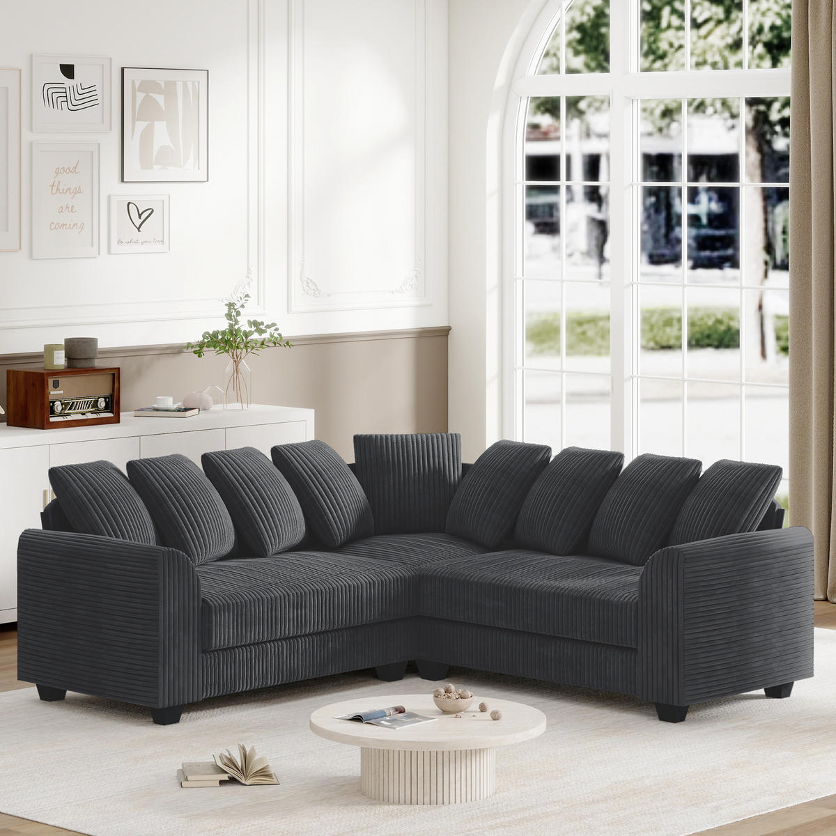 ECKSOFA L-Form Cord 83 cm Sitztiefe, 8,5 cm Füße inkl. 9 Kissen 202/202/74 cm Grau - Grau, Textil (202/202cm) - Redom