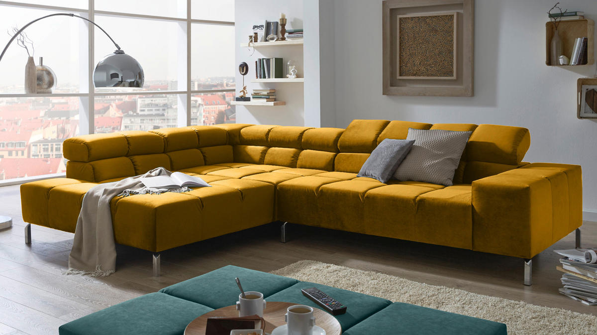 ECKSOFA MIT MOTORISCHEM SITZVORZUG NELSON Gelb Velvet Relaxfunktion - Currygelb/Gelb, Textil (321/216cm) - KAWOLA