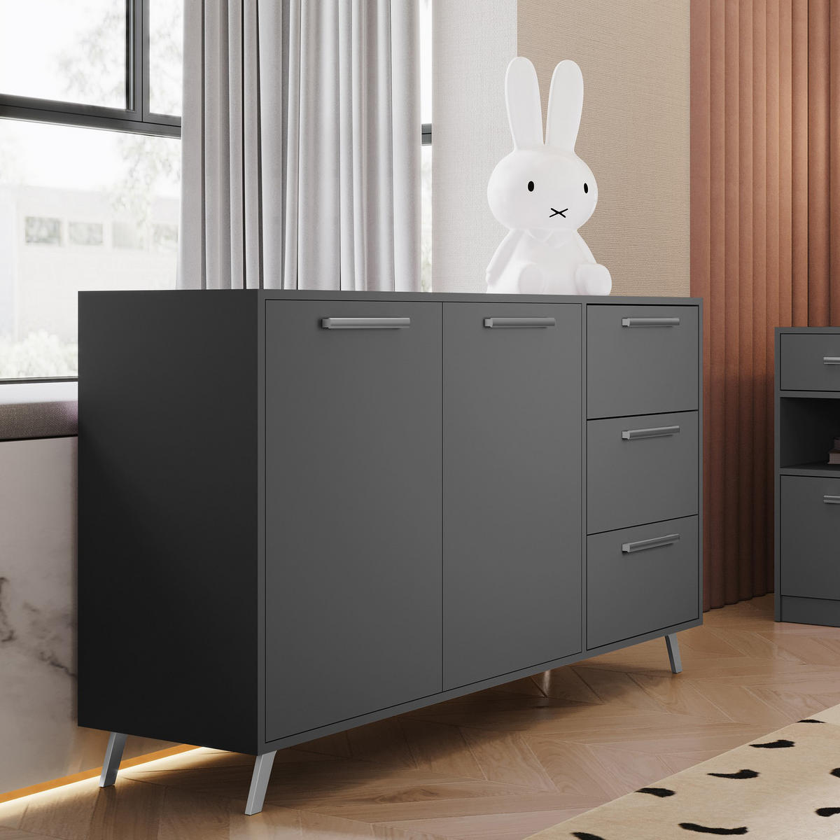 KOMMODE ELISE 140/86/41cm mit 3 Schubladen 2 Türen Graphitfarben - Graphitfarben, Holzwerkstoff (140/86/41cm) - MASSENO