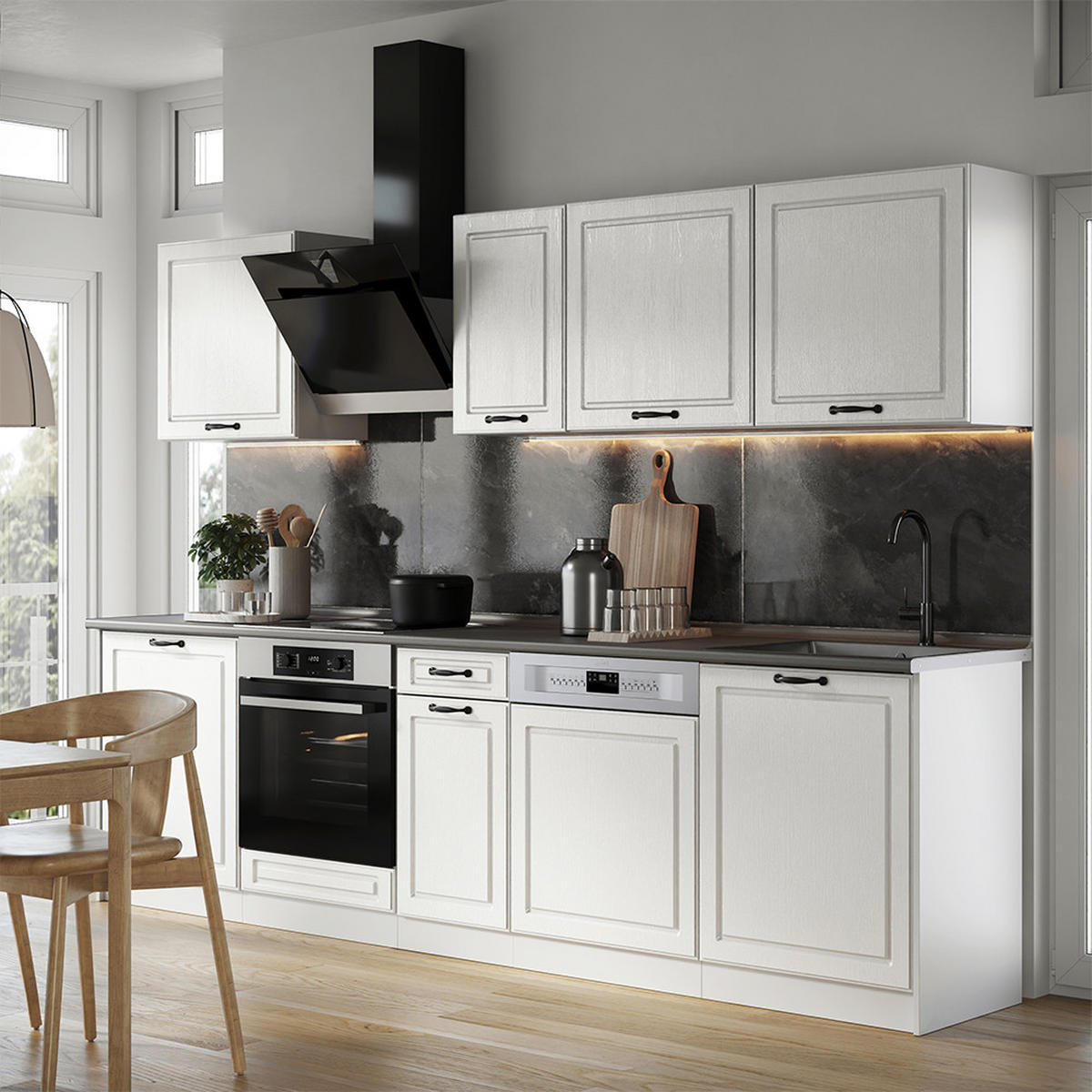 KUCHYNKA R-Line, Biely vidiecky dom/biely, 280 cm antrasiitti työtaso - biela, kompozitné drevo (280/206.8/60cm) - Vicco