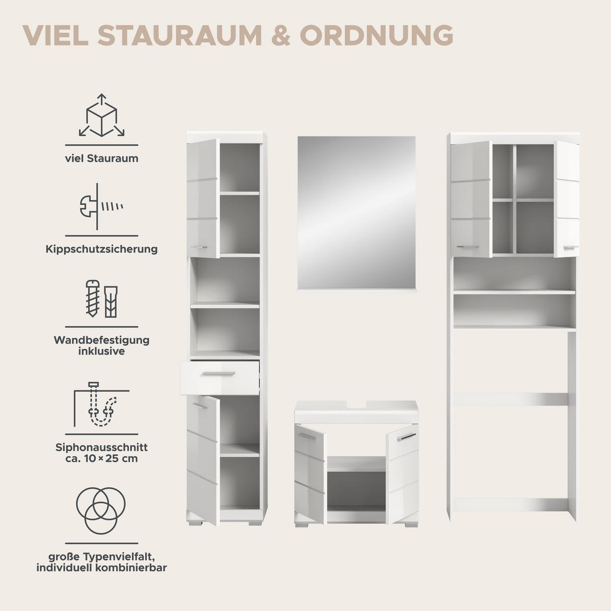 BADKOMBINATION 4tlg. Scout Bad in weiß Nachbildung und weiß hochglanz B/H/T: 190x191x34 cm - Weiß, Holz (190/191/34cm)