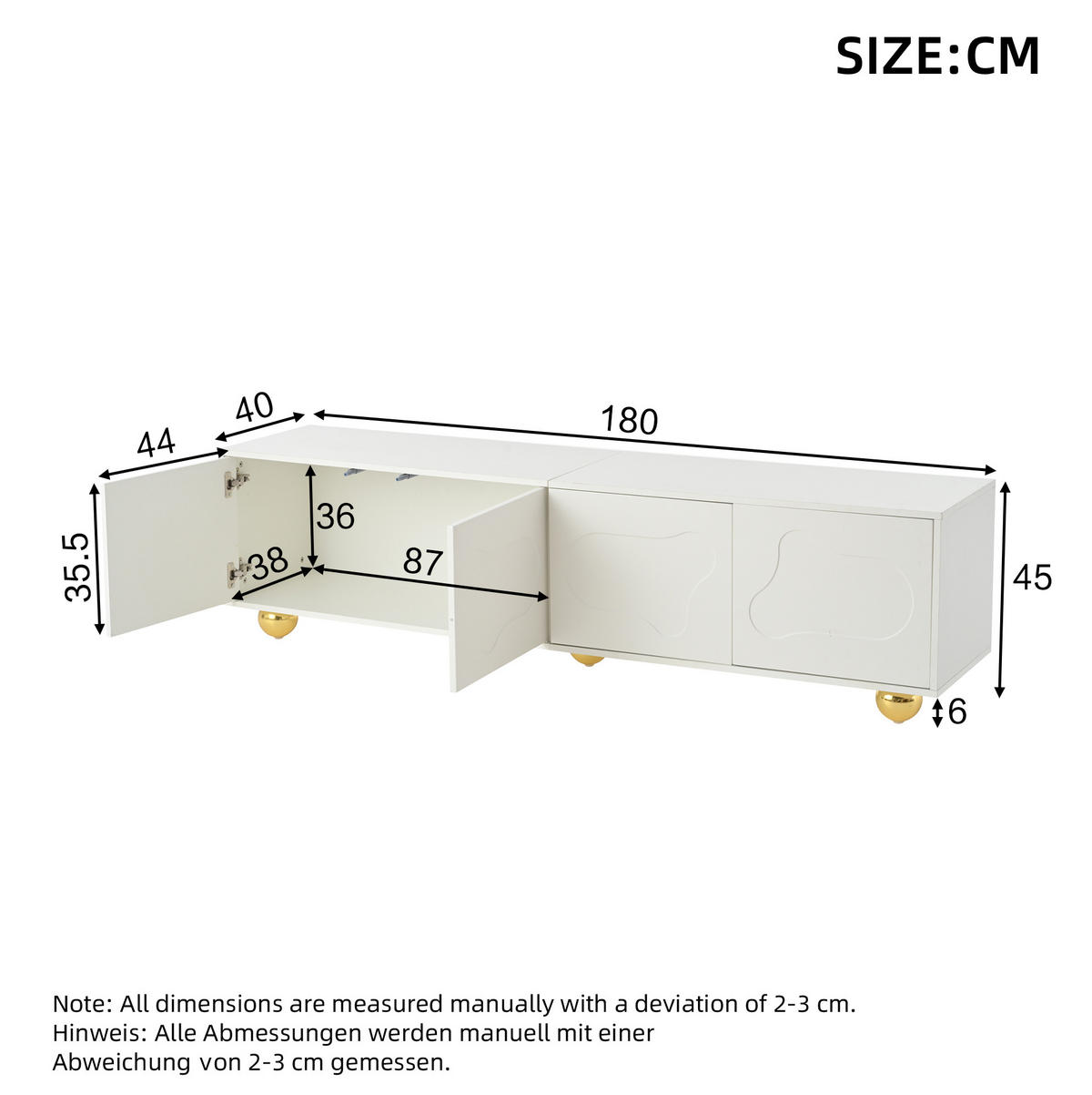 LOWBOARD 180/40/45 cm in Weiß mit 4 Türen und wolkenförmigem Design - Weiß, Holzwerkstoff (180/45/40cm) - Flora Grace