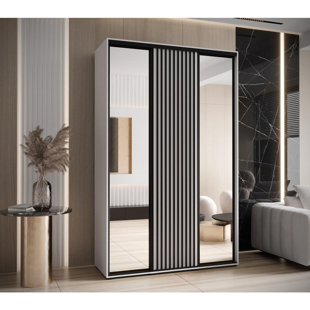 Thumbnail - Abiks Möbel Schwebetürenschrank, Weiß, Weiß, Schwarz, Metall, Nachbildung, 6 Fächer, 150x205.2x45 cm, Schlafzimmer, Klei...