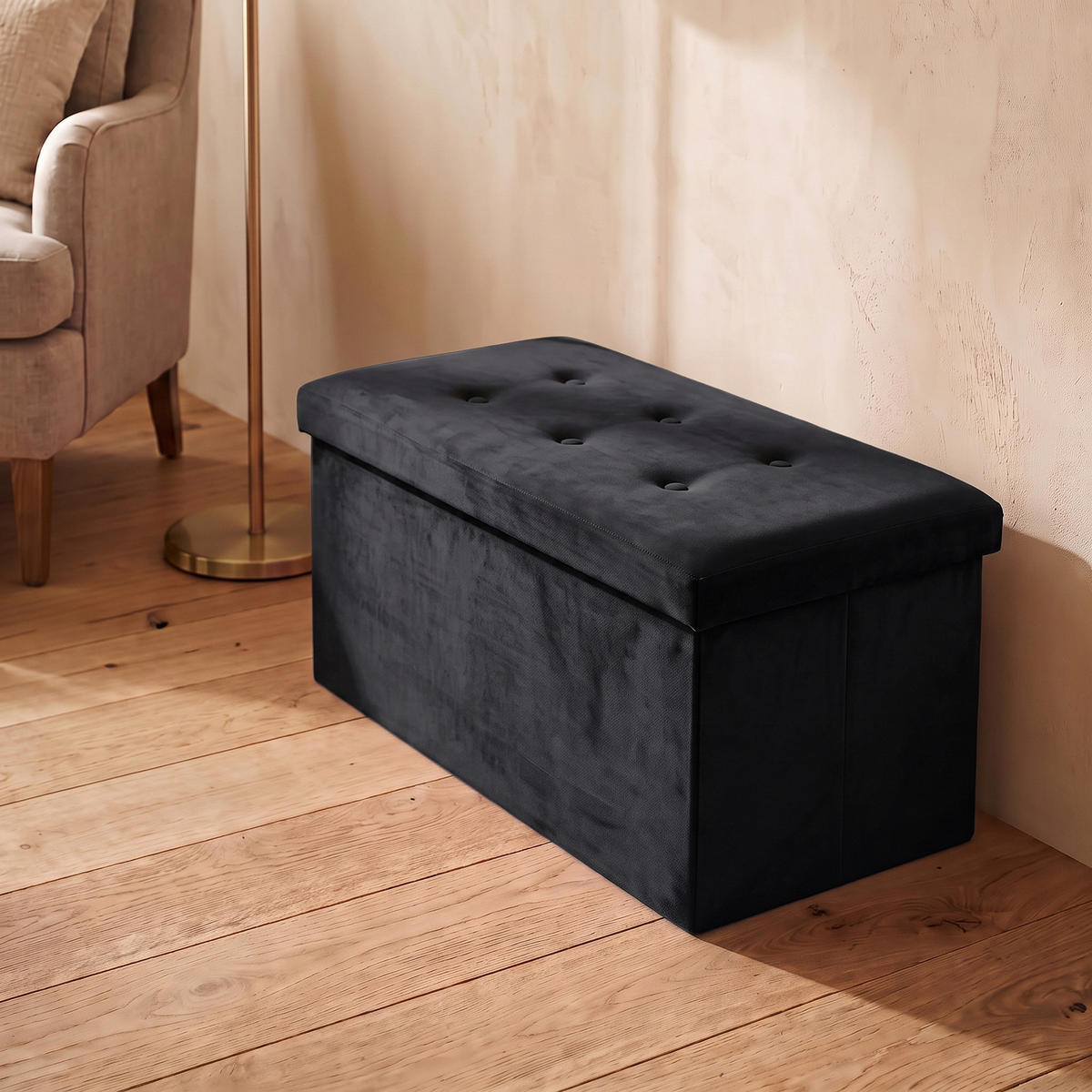 SAMTHOCKER mit Stauraum 76/38/38 cm - Schwarz, Textil (38/38/76cm) - SCENA LIVING