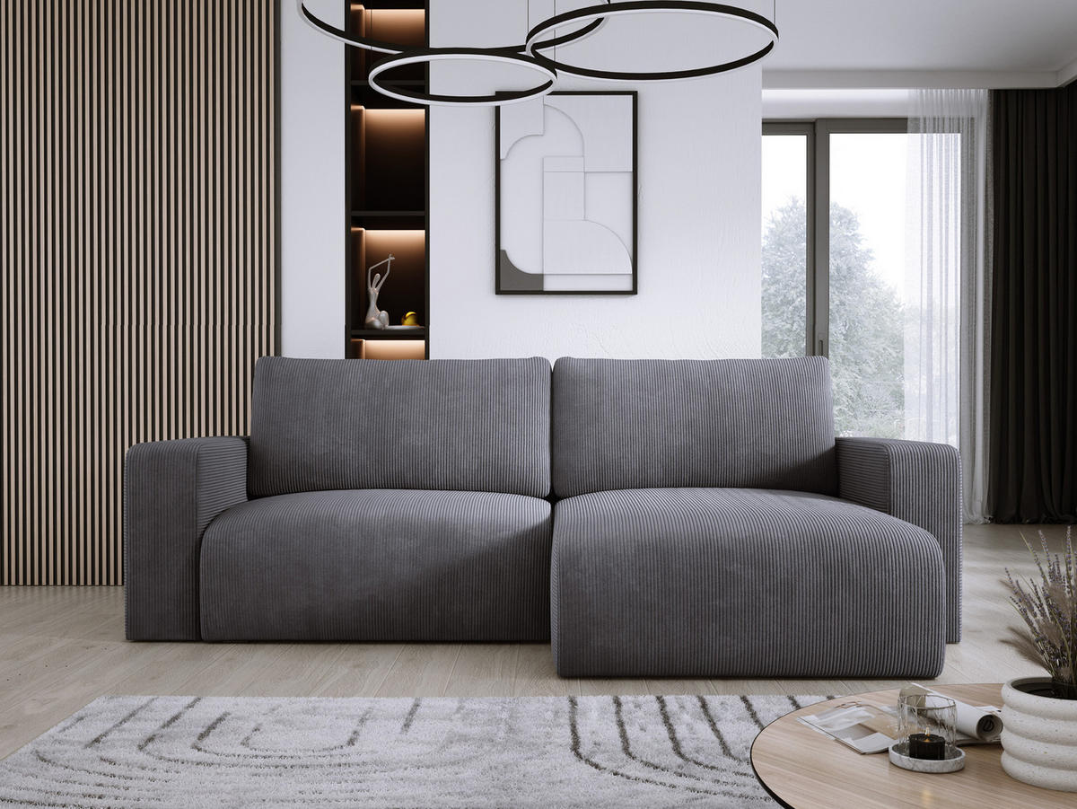 ECKSOFA Carl L-förmig Schlaffunktion und Bettkasten weicher Cordstoff flexibel stellbar lose Rückenkissen freistehend LINKS 143x247x83cm Grey - Grau, Holz/Textil (143/247cm) - DomoHome