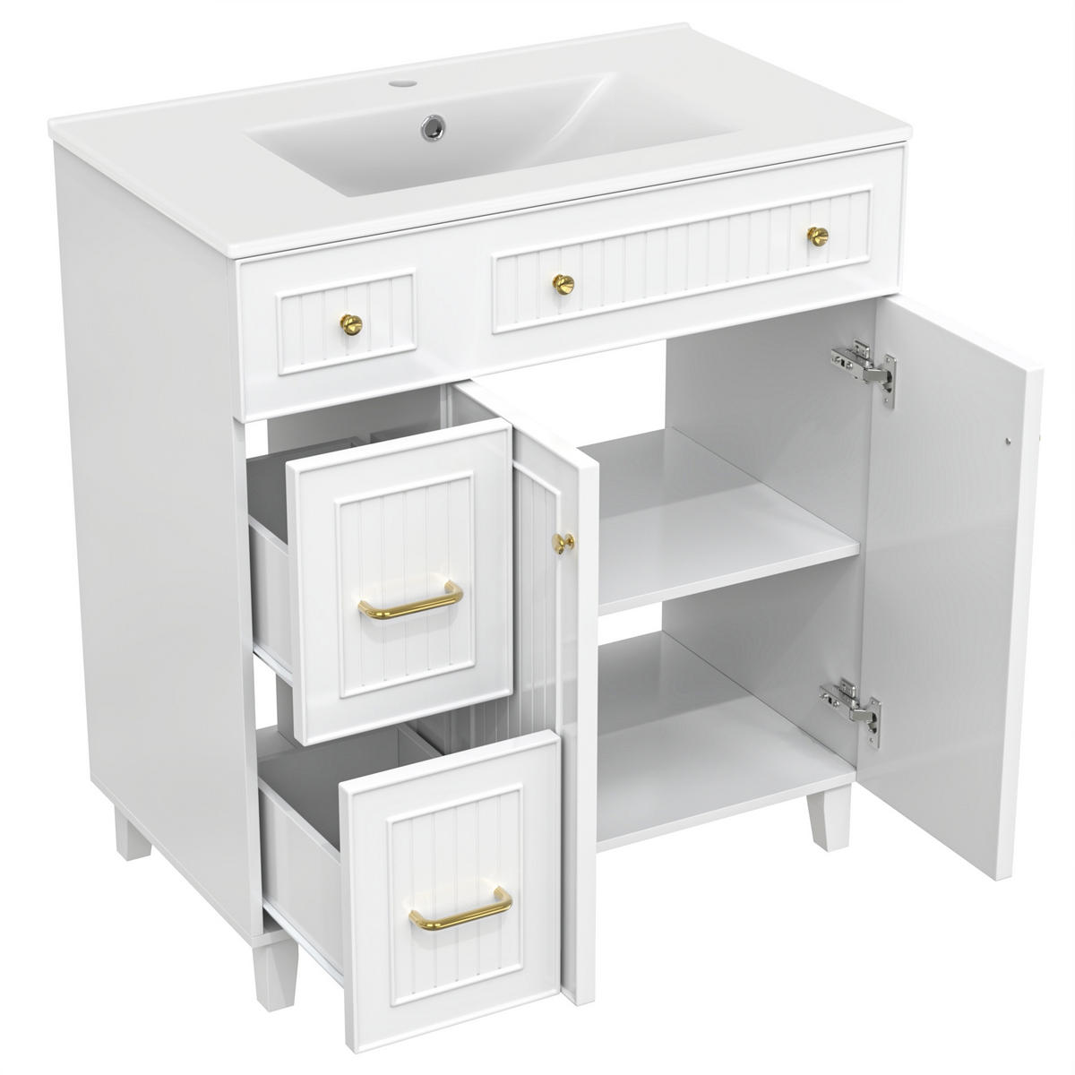 WASCHBECKENUNTERSCHRANK Badezimmerschrank mit Keramikwaschbecken MDF lackiert Massivholzfüße Stauraum Metallgriffe - Weiß, Keramik/Holzwerkstoff (81.7/90/46.8cm) - EVRYAE