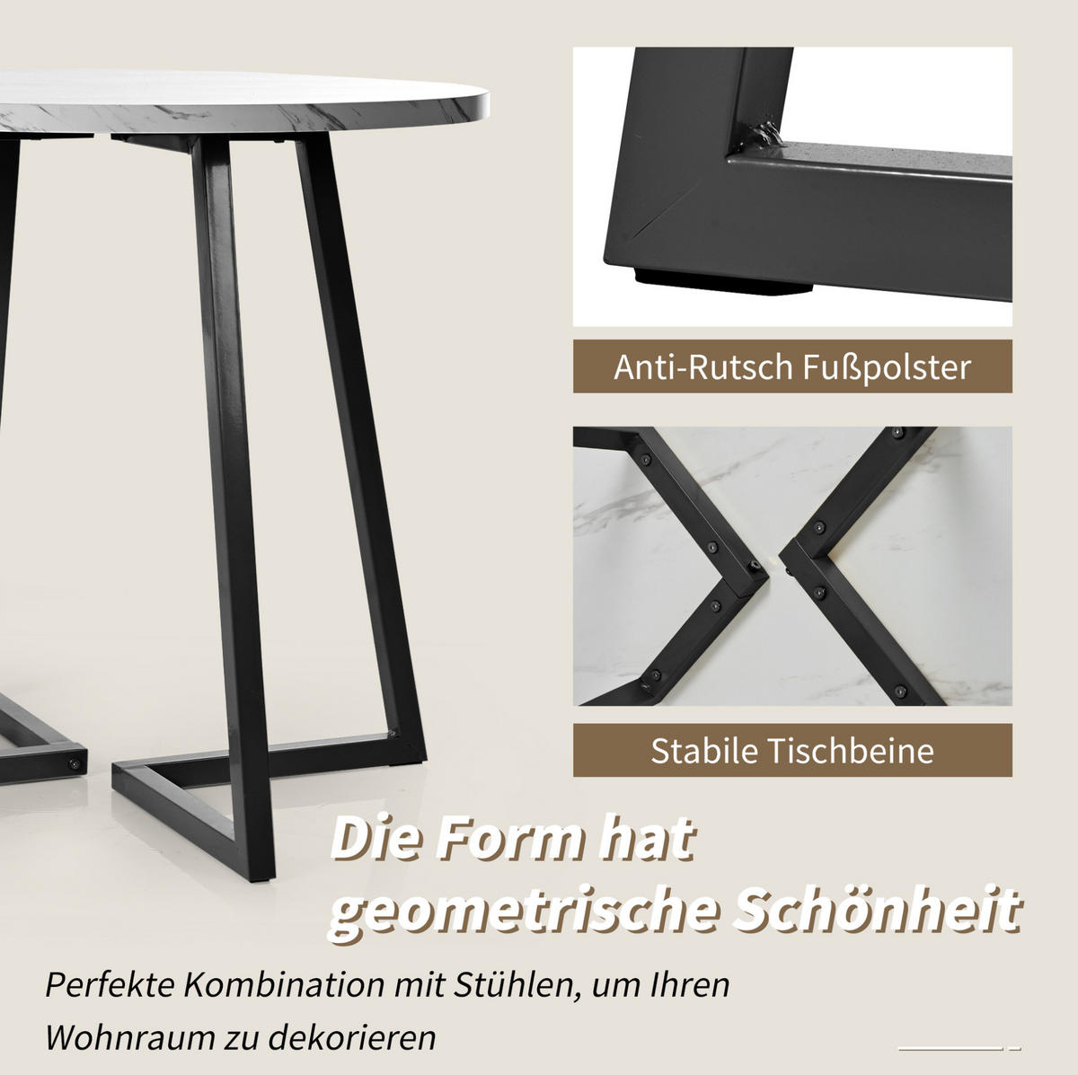 ESSTISCH, MDF mit Marmormuster & Metallgestell, Ø 80/75 cm, Schwarz - Schwarz, Holzwerkstoff (80/80/75cm) - Redom
