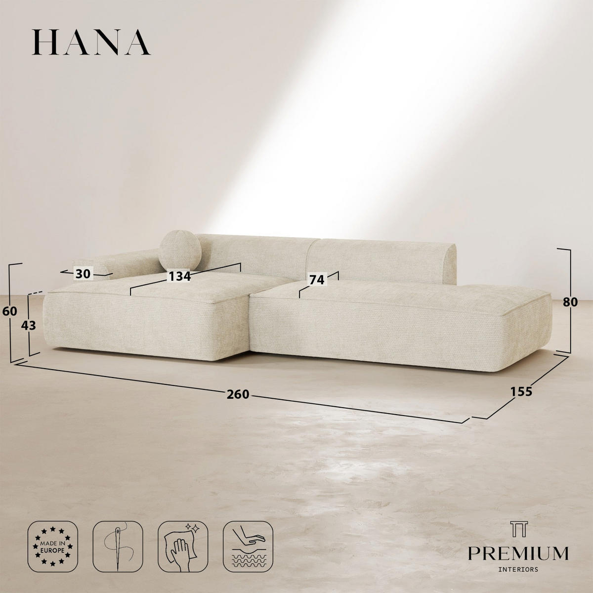 ECKSOFA (links) HANA Strickvelours Creme 260cm - Creme, Textil (260/155cm) - Premium Interiors