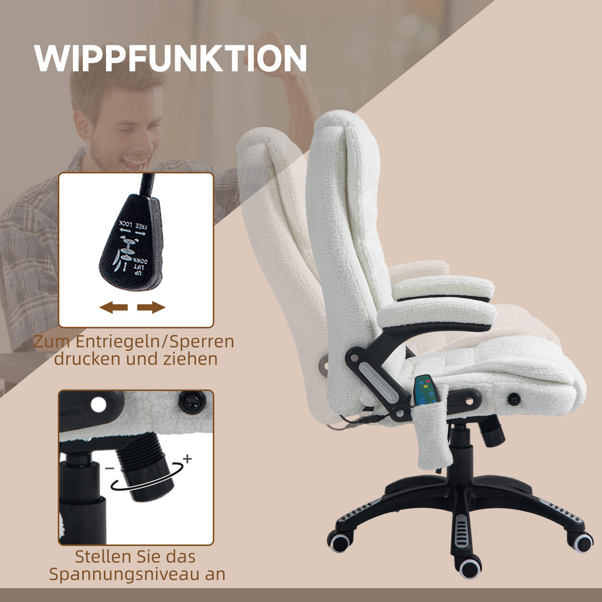 MASSAGE-BÜROSTUHL mit Wippfunktion, Schreibtischstuhl mit Heizfunktion, Weiß - Schwarz/Weiß, Kunststoff/Textil (74/116/67cm) - Vinsetto