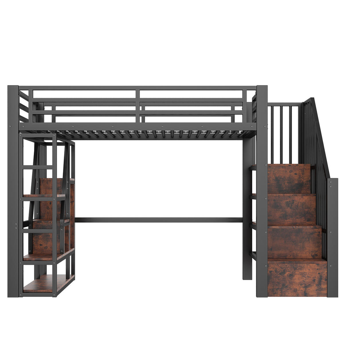 HOCHBETT 90/200 cm in Schwarz mit Stauraumtreppe, LED-Lichtleiste und Rausfallschutz - Schwarz, Holzwerkstoff (90/200cm) - BEAOK