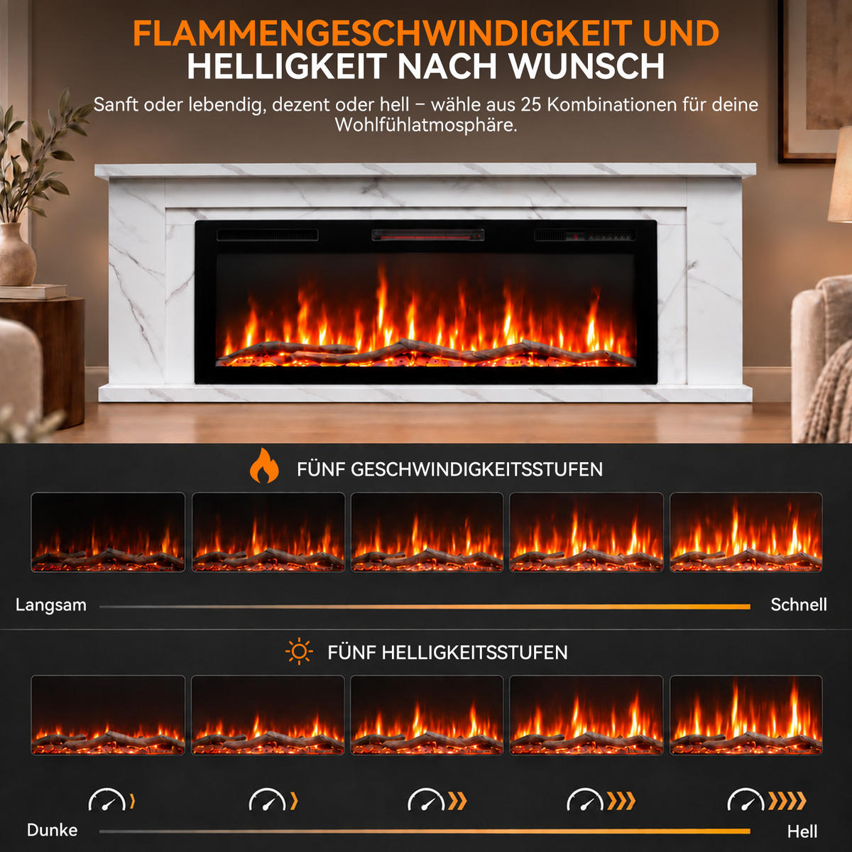ELEKTROKAMIN 50E-2, 50 Zoll, 1000/2000 W Heizleistung, Steuerung über App - Weiß, Holzwerkstoff (27.5/66/178cm)