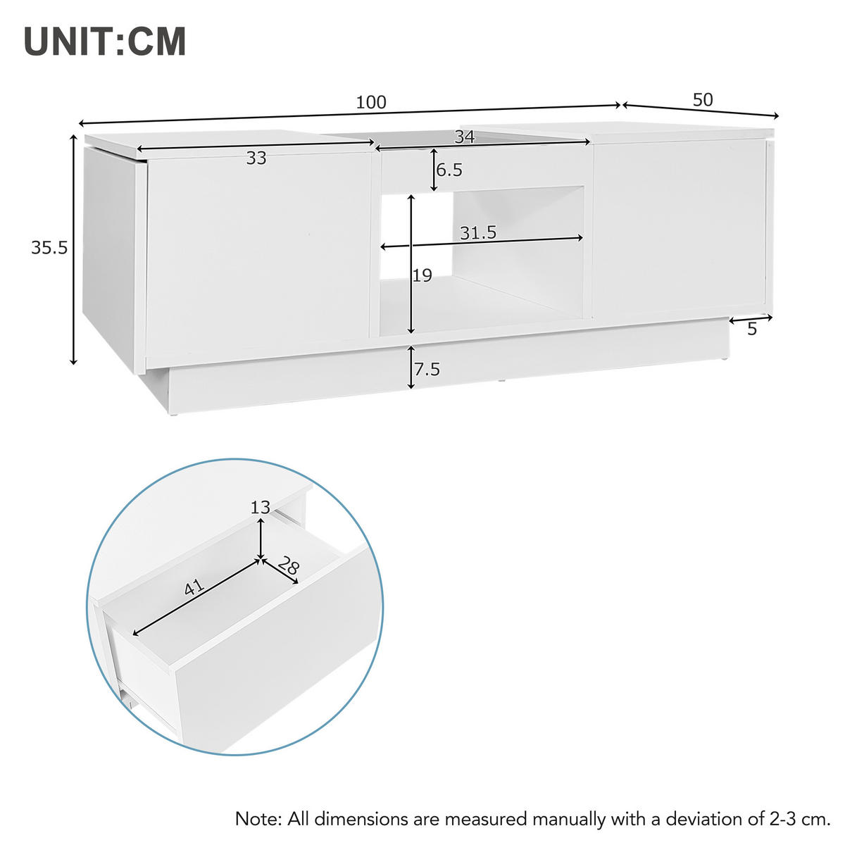 COUCHTISCH 100/50/35,5 cm weiß mit Glasverkleidung LED-Beleuchtung App-Steuerung 2 Schubladen - Weiß, Holzwerkstoff (100/50/35.5cm) - OKWISH