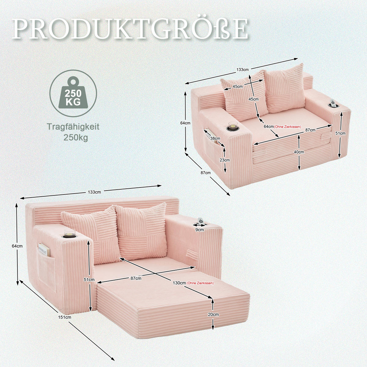 1,5-SITZER ausklappbar, Getränkehalter/Seitentasche, Cord, Rosa - Rosa, Textil (133/64/87cm) - LVHOM