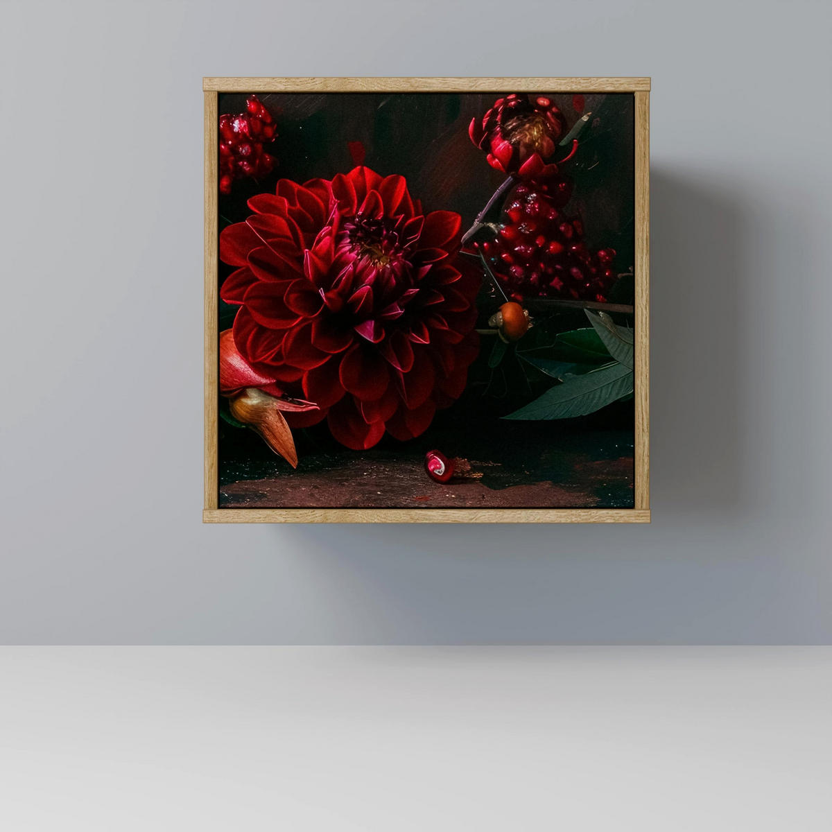 SIDEBOARD DAHLIAS AND POMEGRANATES, Eichefarben, 57,5x42x67,5 cm, Schwarze Metall-Rahmenfüße - Eichefarben/Multicolor, Holzwerkstoff/Metall (57.5/67.5/42cm) - SpaceRebels