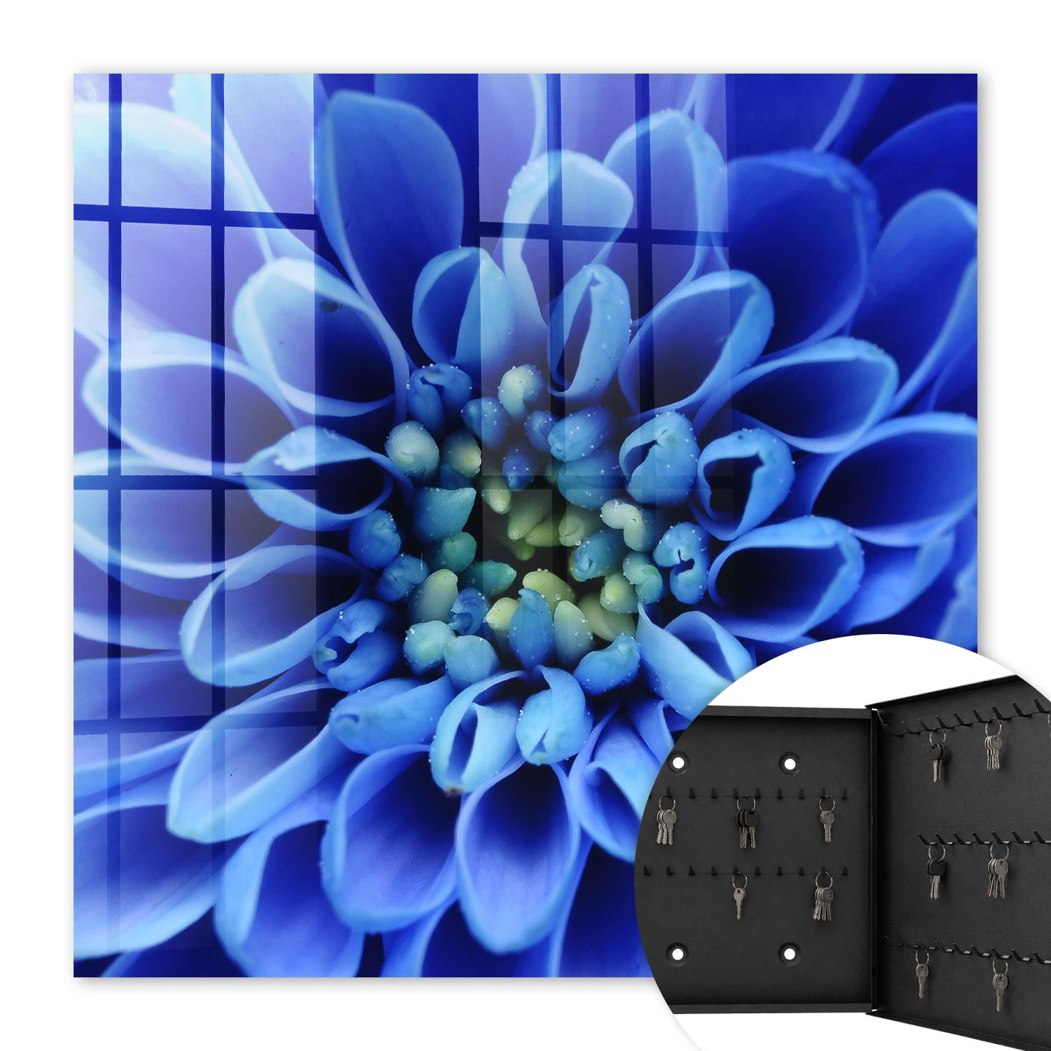 SCHLÜSSELBOX Schwarz 30x30 cm- Türöffnung nach rechts - Blaue Blume - Blau, Metall (30/30/5cm) - TULUP