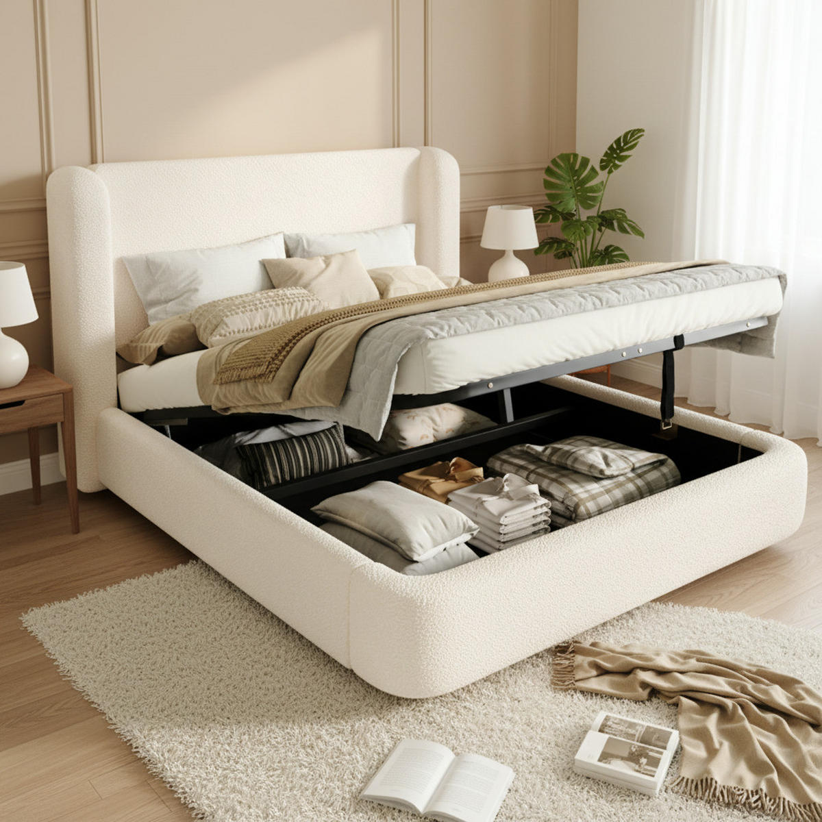 POLSTERBETT 180/200 cm mit Lattenrost, hydraulischem Bettkasten und waschbarem Kopfteilbezug, Beige - Beige, Textil (180/200cm) - Redom