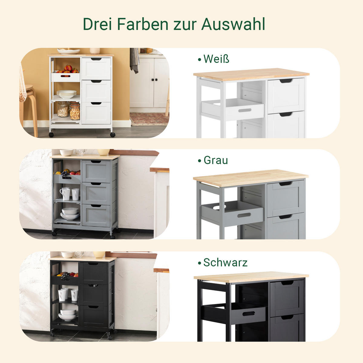 SERVIERWAGEN mit Rollen, Weiß, 68x85x38cm, bis 50kg - Weiß, Holzwerkstoff (68/85/38cm) - SoBuy