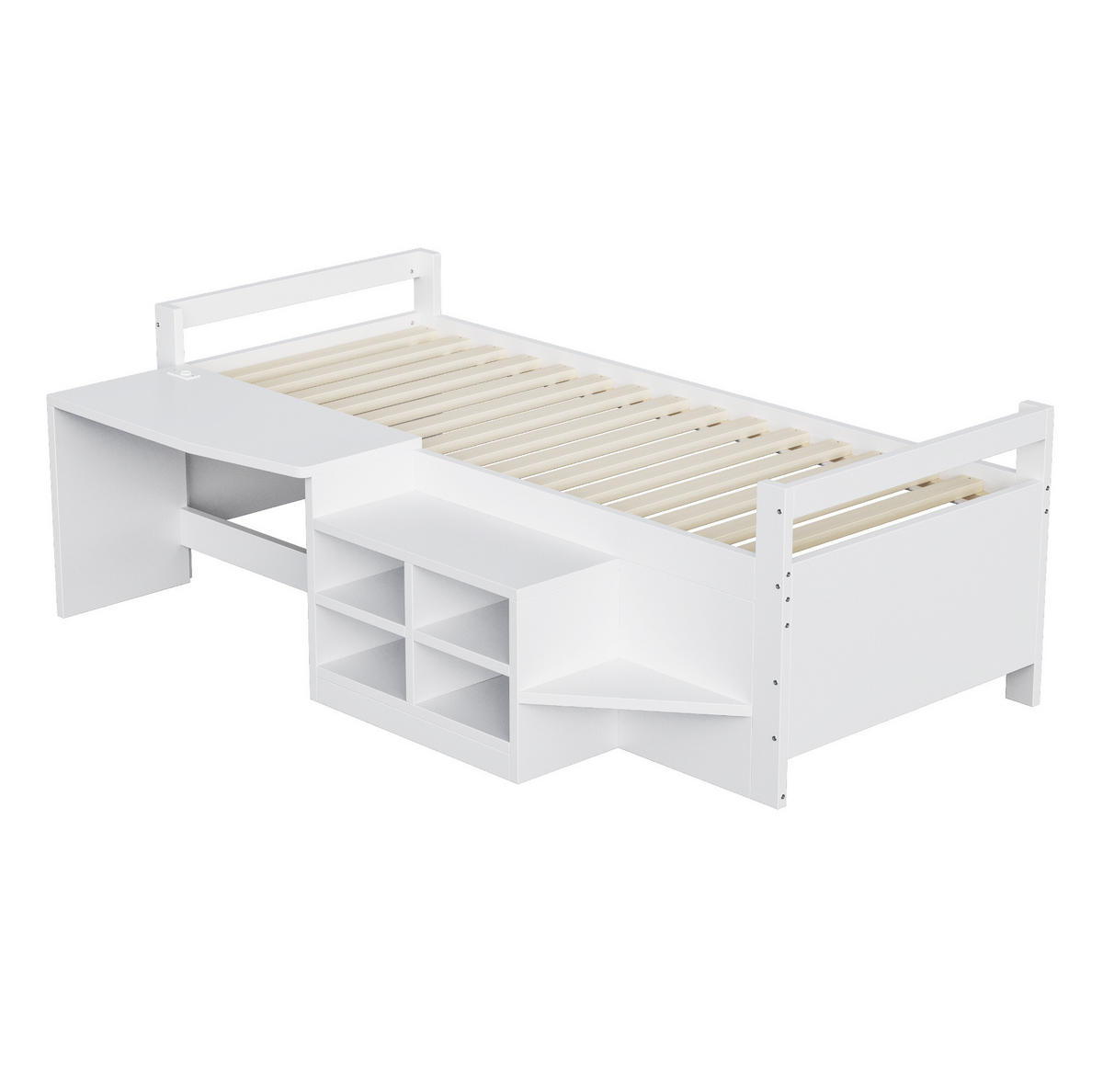 MULTIFUNKTIONSBETT 90/200 cm, Weiß mit Schreibtisch, USB-Steckdose - Weiß, Holz (90/200cm) - MIVRAY