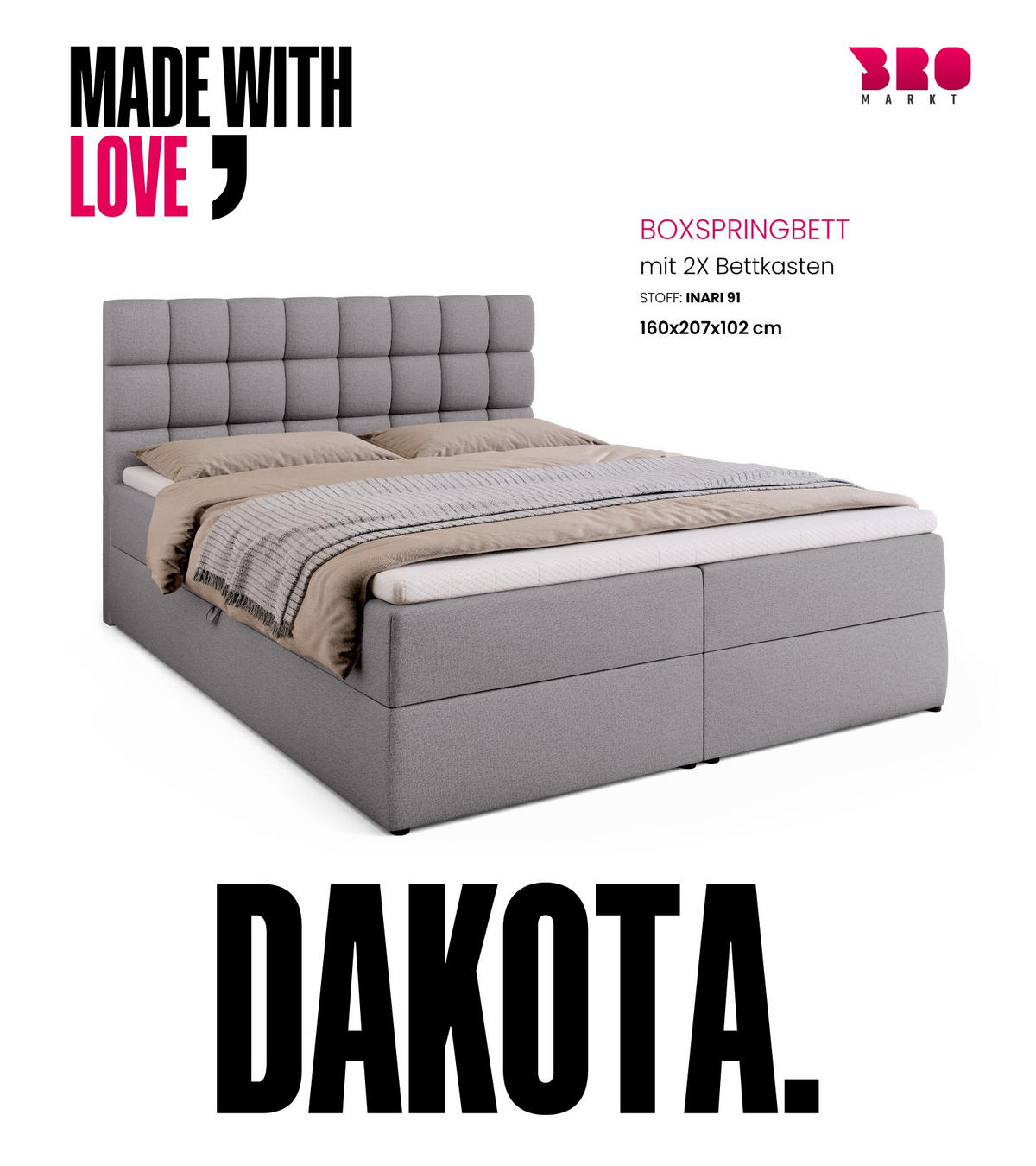 BOXBETT Dakota mit Topper 160/200 Grau - Grau, Textil (160/200cm) - Bromarkt