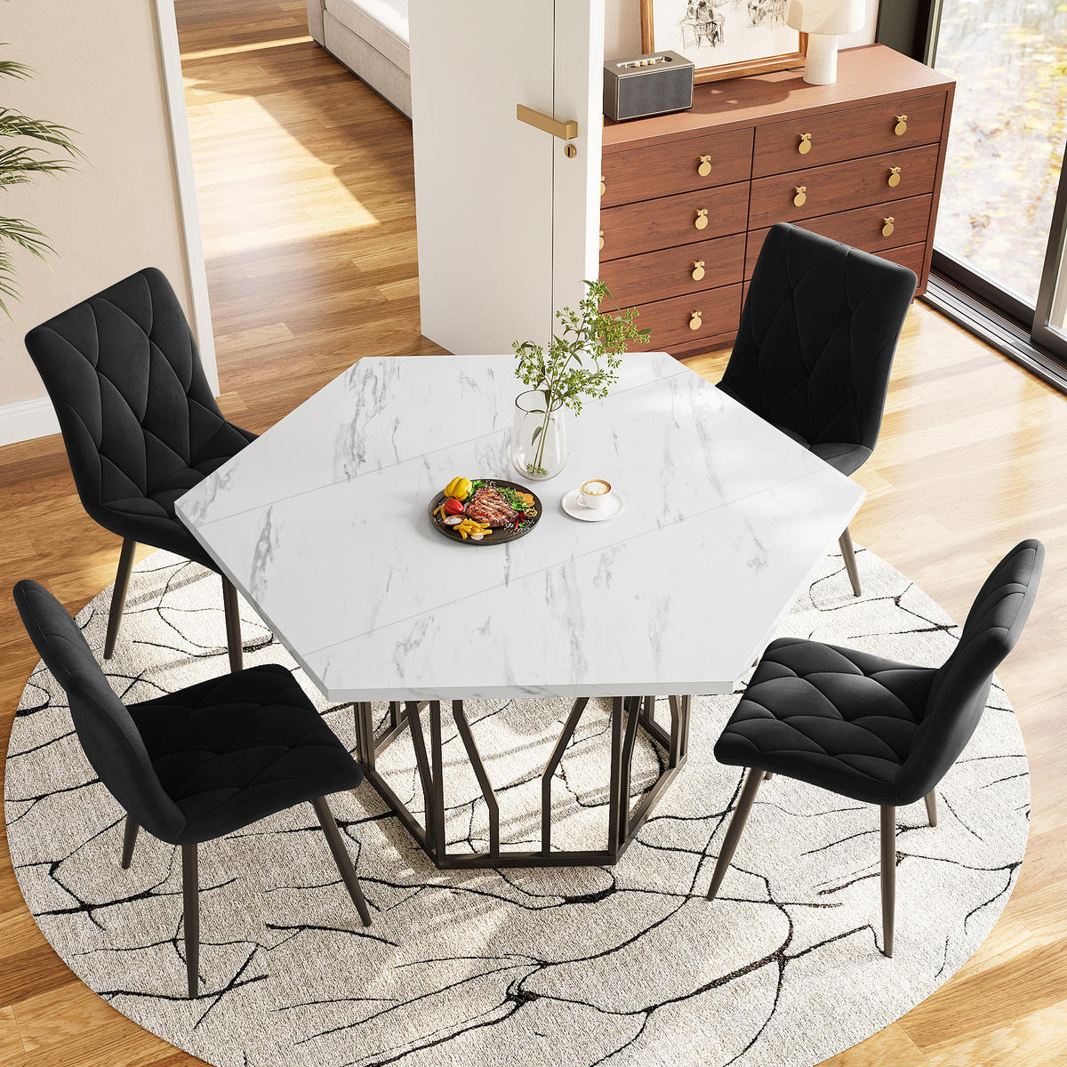 ESSTISCHSET 5-Teilig Sechseckig Marmor, 4 Schwarze Samtstühle - Schwarz, Metall (115.5/75/100cm) - FLIEKS
