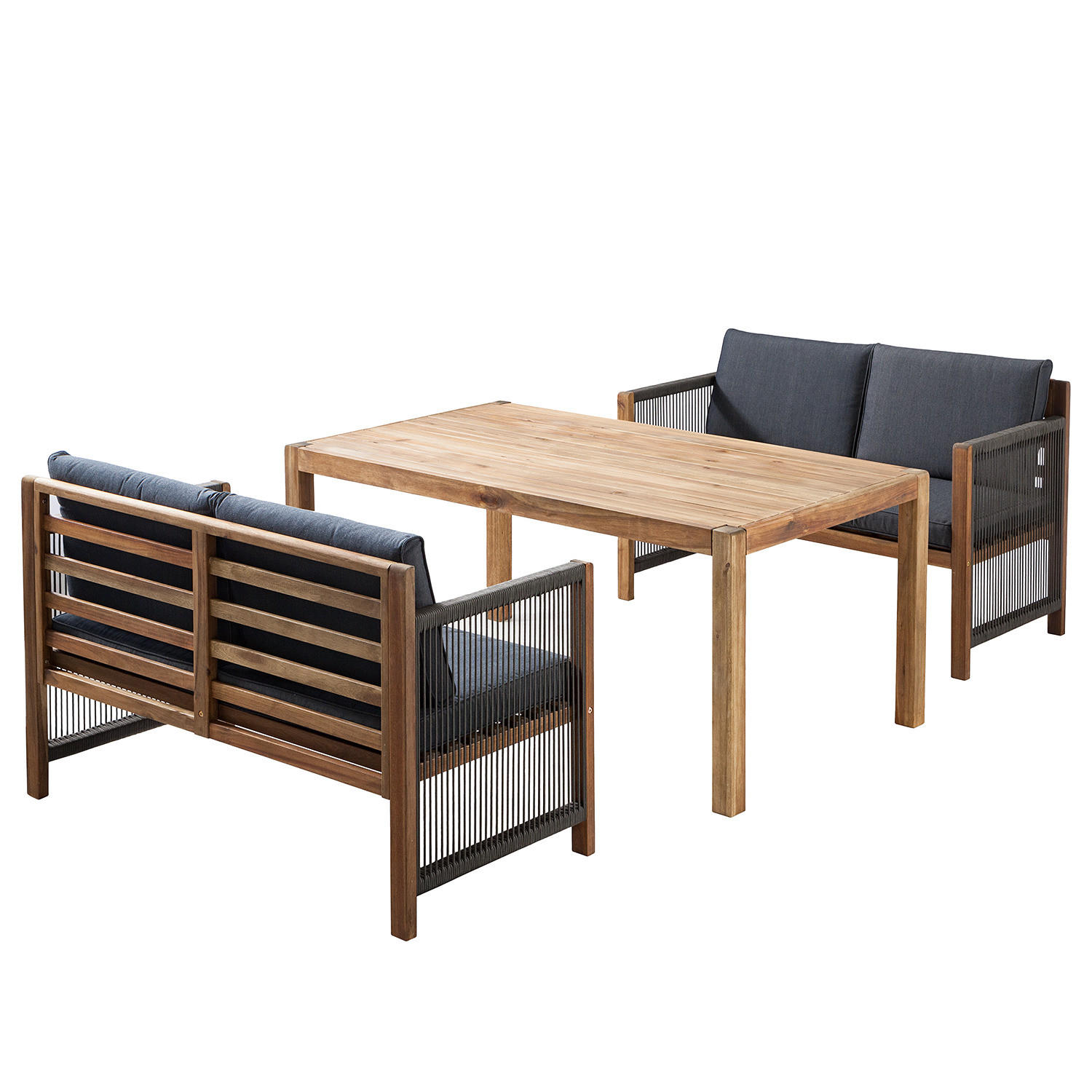 DINING-LOUNGESET - Akazie massiv / Polyester - Braun / Grau - 3-teilig - Braun/Grau, Holz/Textil - home24