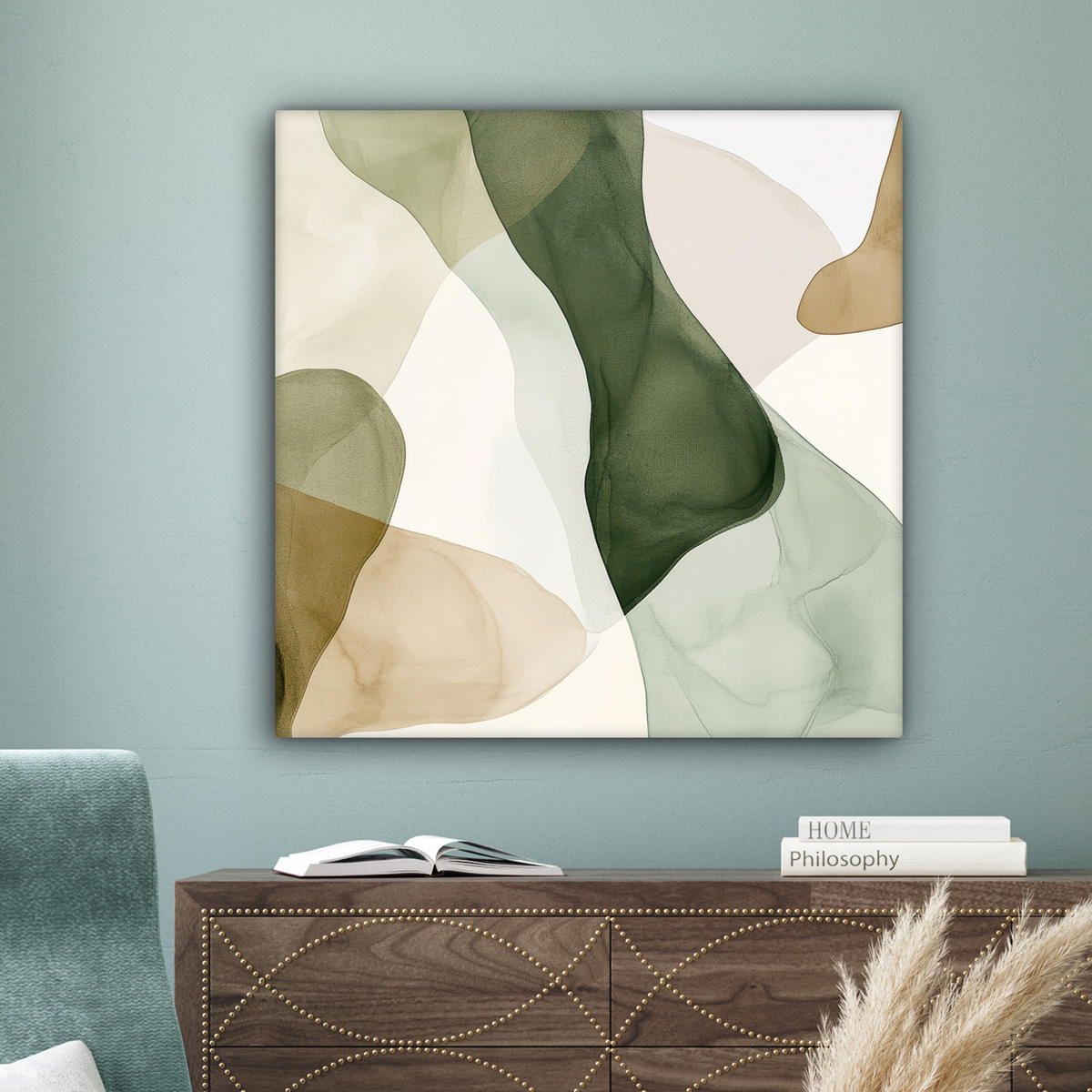 LEINWANDBILD Japandi - Abstrakt - Grün 90x90 cm - Salbeigrün, Textil (90/90cm) - MuchoWow