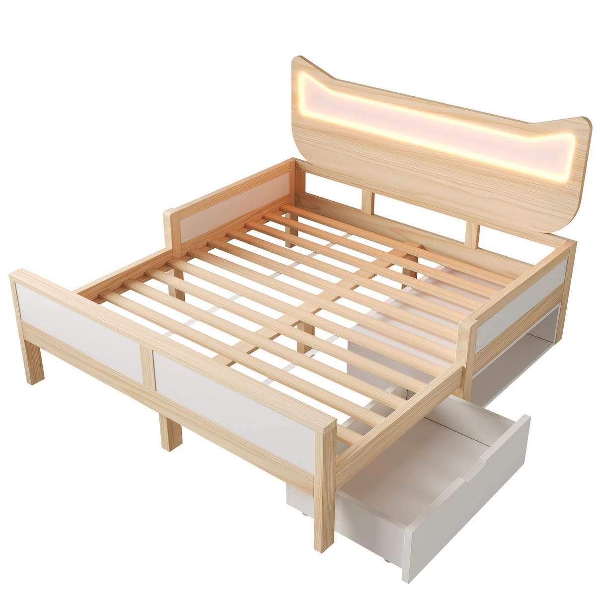 KINDERBETT 140/200 cm, Weiß/Eiche mit Katzenkopfteil und RGB-LED - Weiß, Holz (140/200cm) - MIVRAY