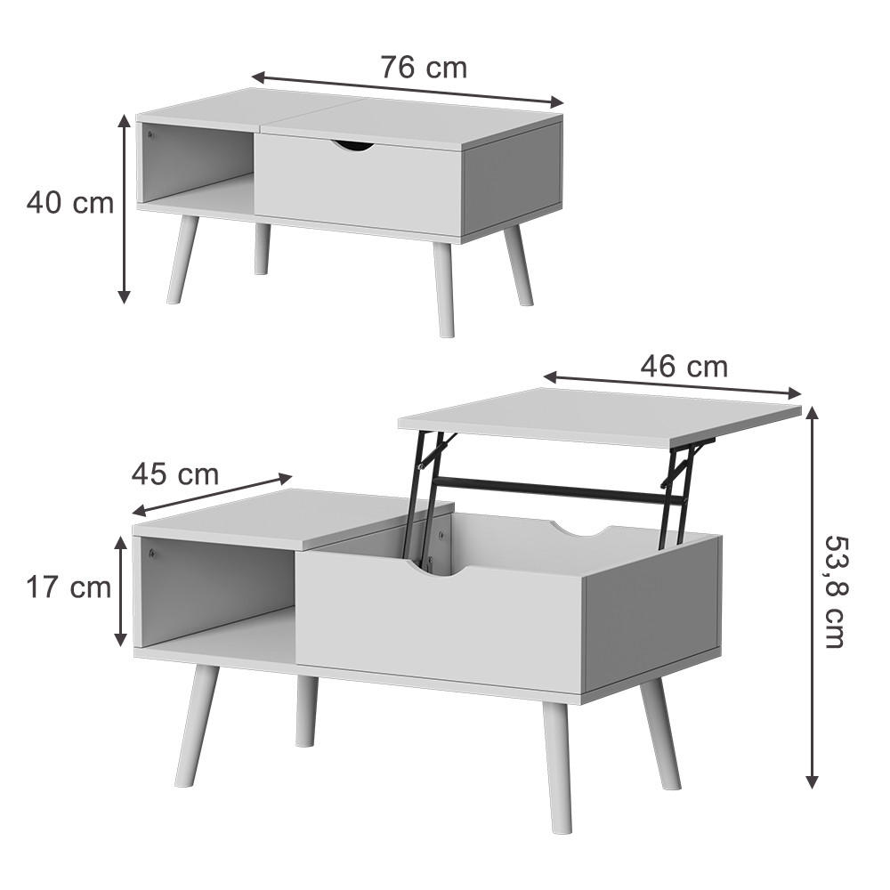 COUCHTISCH Stora Weiß 76 x 45 cm mit Liftfunktion - Weiß, Holzwerkstoff (45/76/40cm) - Vicco