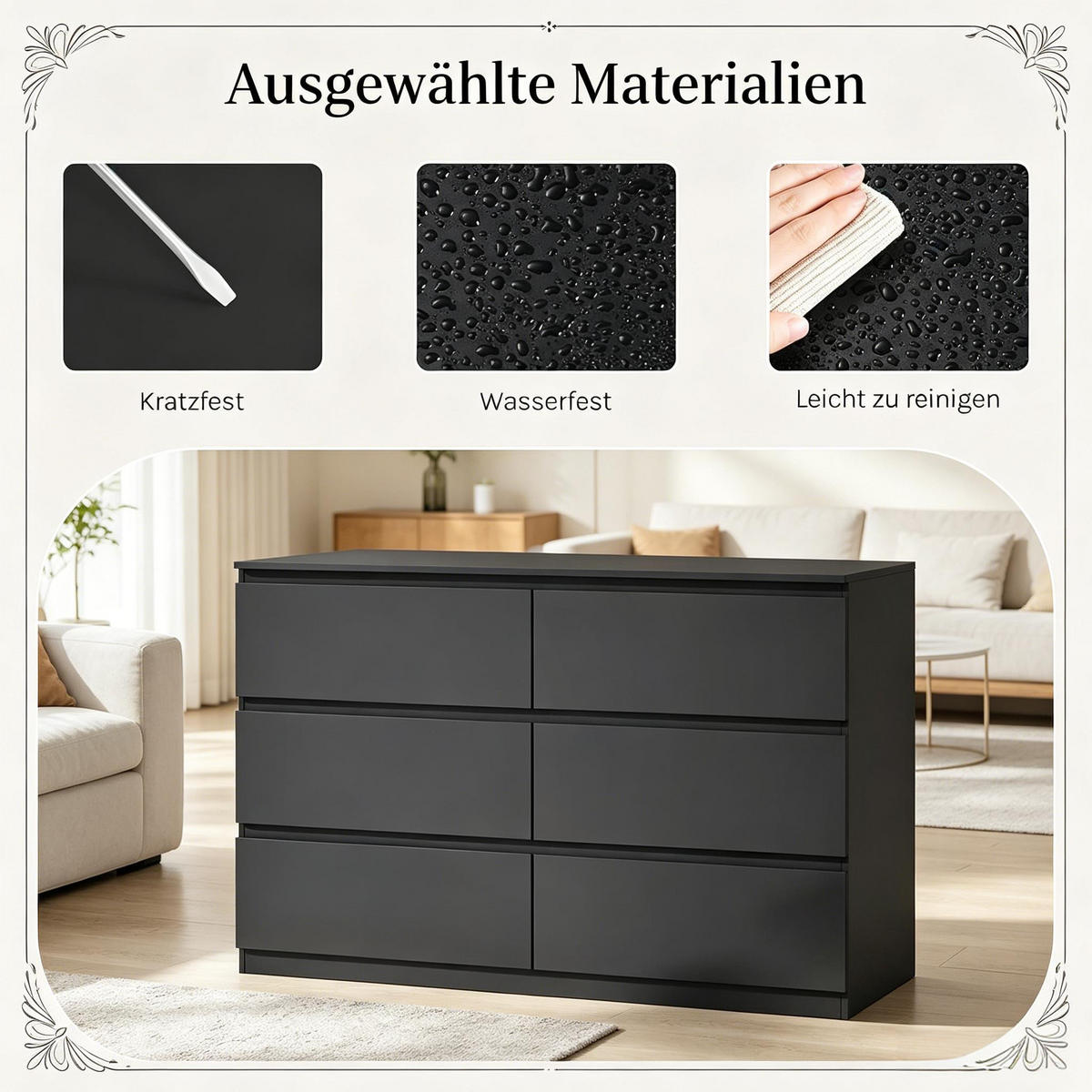 KOMMODE DE-38088 120/40/75 cm mit 6 Schubladen Schwarz - Schwarz, Holzwerkstoff (120/75/40cm) - ComfortXL