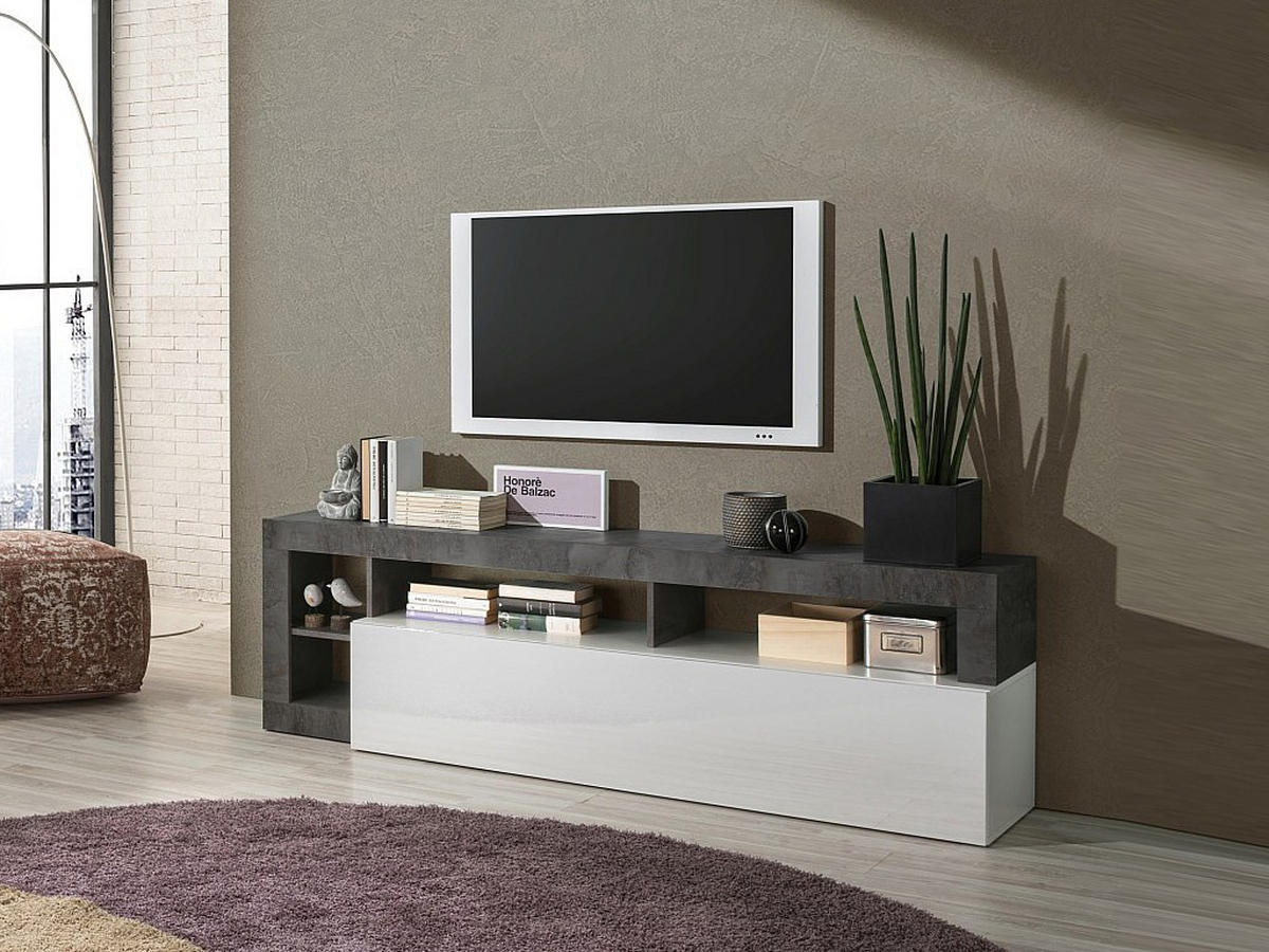 TV-MÖBEL mit 1 Tür & 4 Ablagen - Weiß lackiert & Beton-Optik - SEFRO - Grau, Holz (42/58/184cm) - Vente-Unique