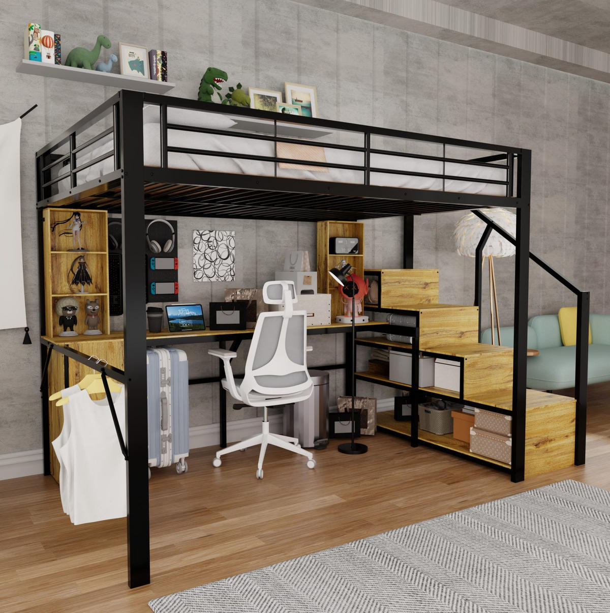 HOCHBETT Metall/MDF 140x200 cm Schwarz mit Schreibtisch, Schrank, Stauraumtreppe und USB-Anschluss - Schwarz, Metall (140/200cm) - Modfu