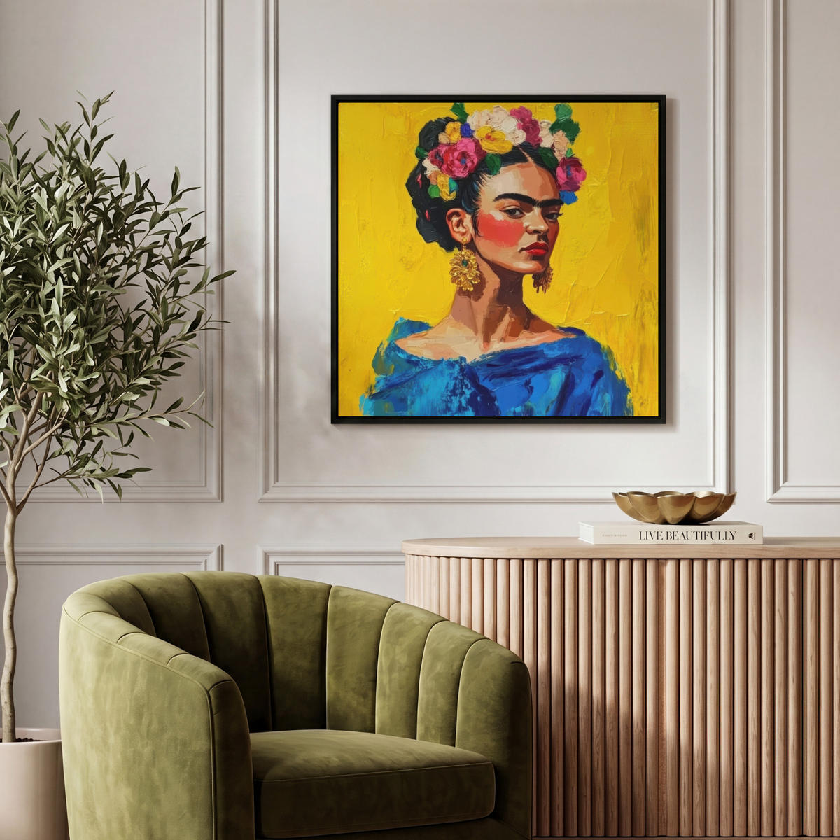 LEINWAND Bilder mit Rahmen - Frida Kahlo - Frau - Gelb - Blau - Blumen - 50x50 - Gelb, Textil (50/50cm) - MuchoWow