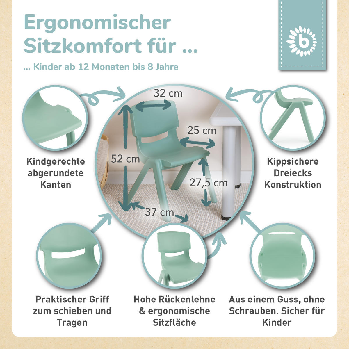 KINDERSTUHL ab 1 jahr bis 80 kg belastbar stapelbar drinnen draußen gartenstuhl kinder-stuhl kinderzimmer klappstuhl - Grün, Kunststoff (34/51.5/36cm) - Bieco Spielwaren