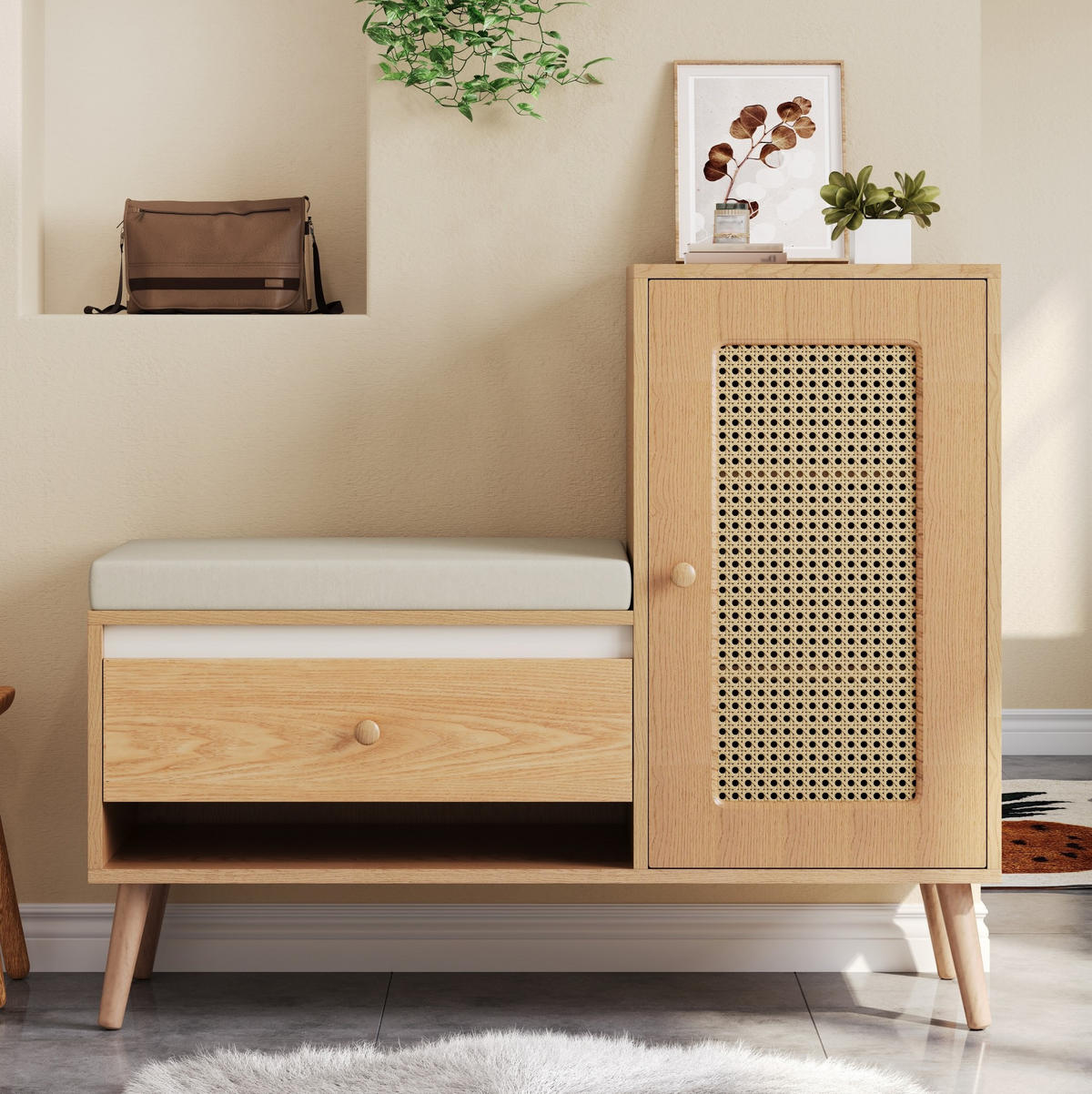 SCHUHSCHRANK aus MDF & Spanplatte 95,5x35x80,5cm in Natur mit Sitzkissen - Naturfarben, Holzwerkstoff (95.5/80.5/35cm) - Modfu