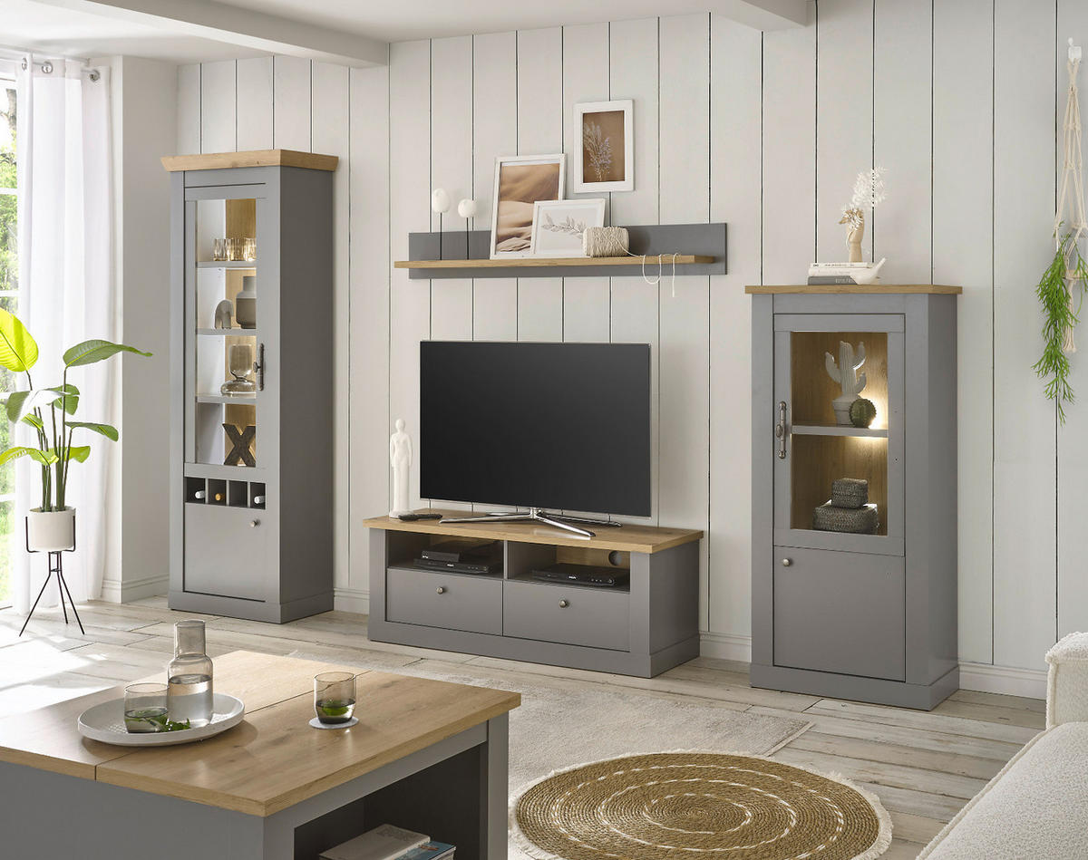 WOHNWAND grau, Artisan Eiche 4-teilig 291 cm, Wohnkombination im Landhaus-Stil - Silberfarben/Hellgrau, Glas/Holzwerkstoff (291/201/44cm) - Furn.Design