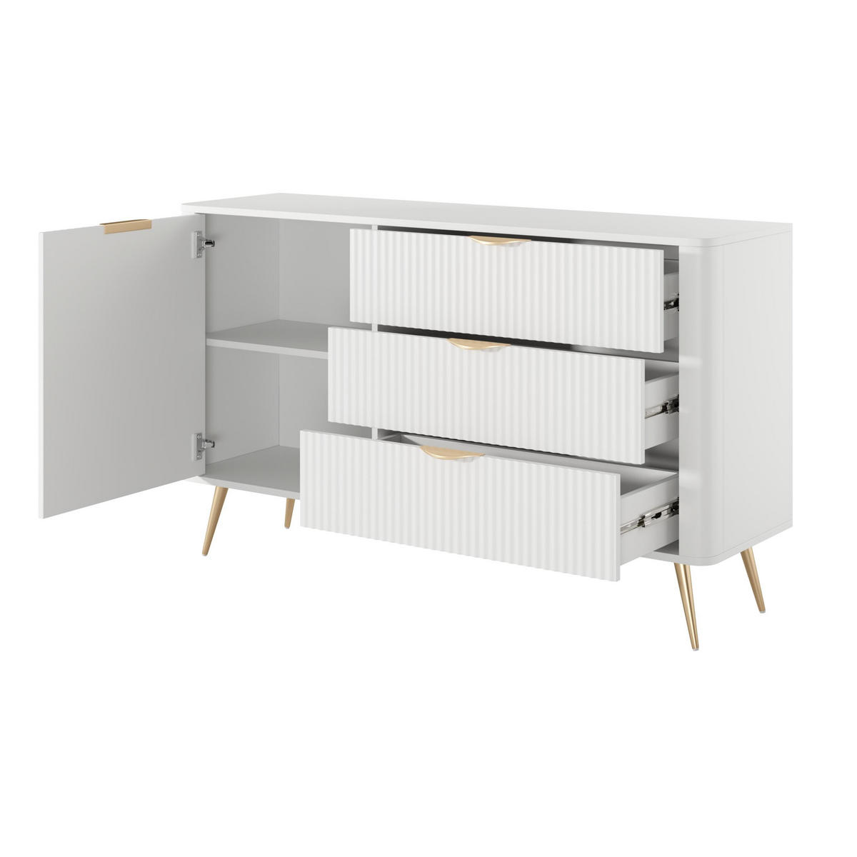 SIDEBOARD Vespasia 1T 3S Beige 138,2/81,2/38 cm – Geriffelte Fronten - Goldfarben/Weiß, Holzwerkstoff/Metall (138.2/81.2/38cm) - AX Living