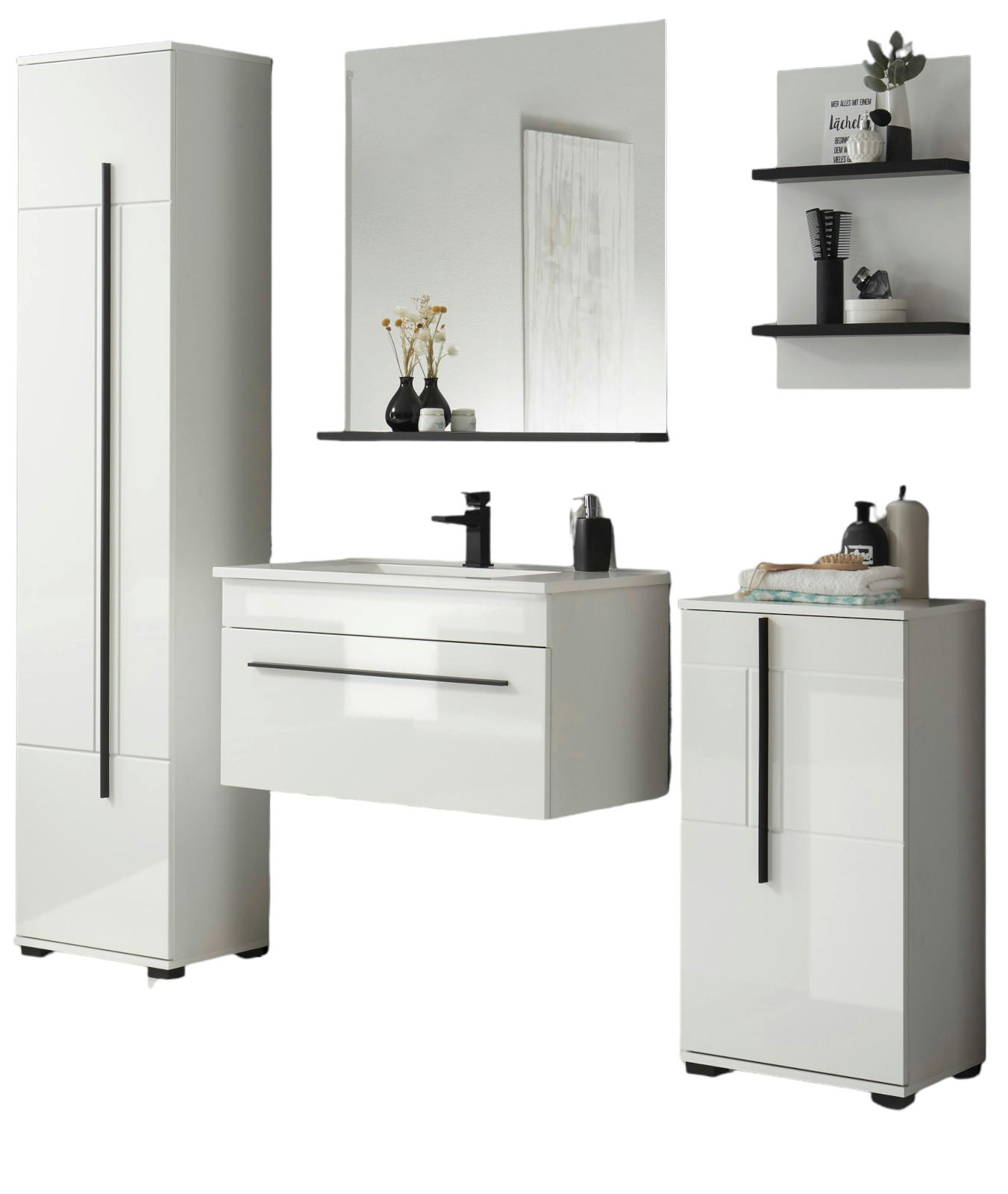 BADMÖBEL-SET weiß Hochglanz schwarz, Badkombination MIT Waschbecken, 190 x 200 cm - Weiß Hochglanz/Schwarz, Holzwerkstoff/Kunststoff (190/200/45cm) - Furn.Design