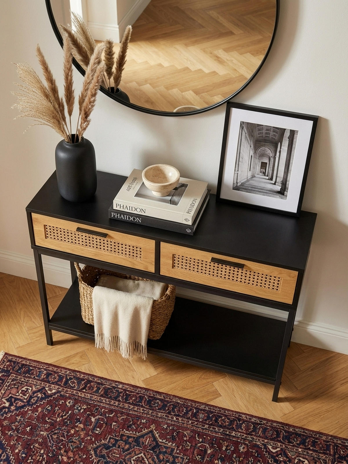 KONSOLENTISCH – Schwarz, 100x30x75 cm, mit Wiener Geflecht, Schubladen und Ablage - Schwarz, Holzwerkstoff/Metall (30/100/75cm) - KADIMA DESIGN