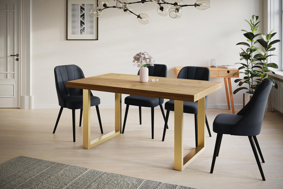 ESSZIMMERTISCH LOFT-U, ausziehbarer Tisch 160-260X90X77 cm, Farbe: CRAFT, mit Metallbeinen in Farbe Gold - Goldfarben/Braun, Holzwerkstoff (160/90/77cm) - Alpi-Möbel